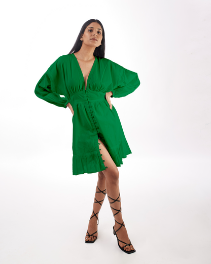 Green Plunge Neck Dress at Kamakhyaa by Kamakhyaa. This item is 100% pure cotton, Casual Wear, FB ADS JUNE, Green, KKYSS, Mini Dresses, Natural, Regular Fit, Solids, Summer Sutra, Womenswear