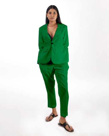 Green Power Suit Co-ord at Kamakhyaa by Kamakhyaa. This item is 100% pure cotton, Co-ord Sets, Green, KKYSS, Natural, Office, Office Wear, Office Wear Co-ords, Regular Fit, Solids, Summer Sutra, Womenswear