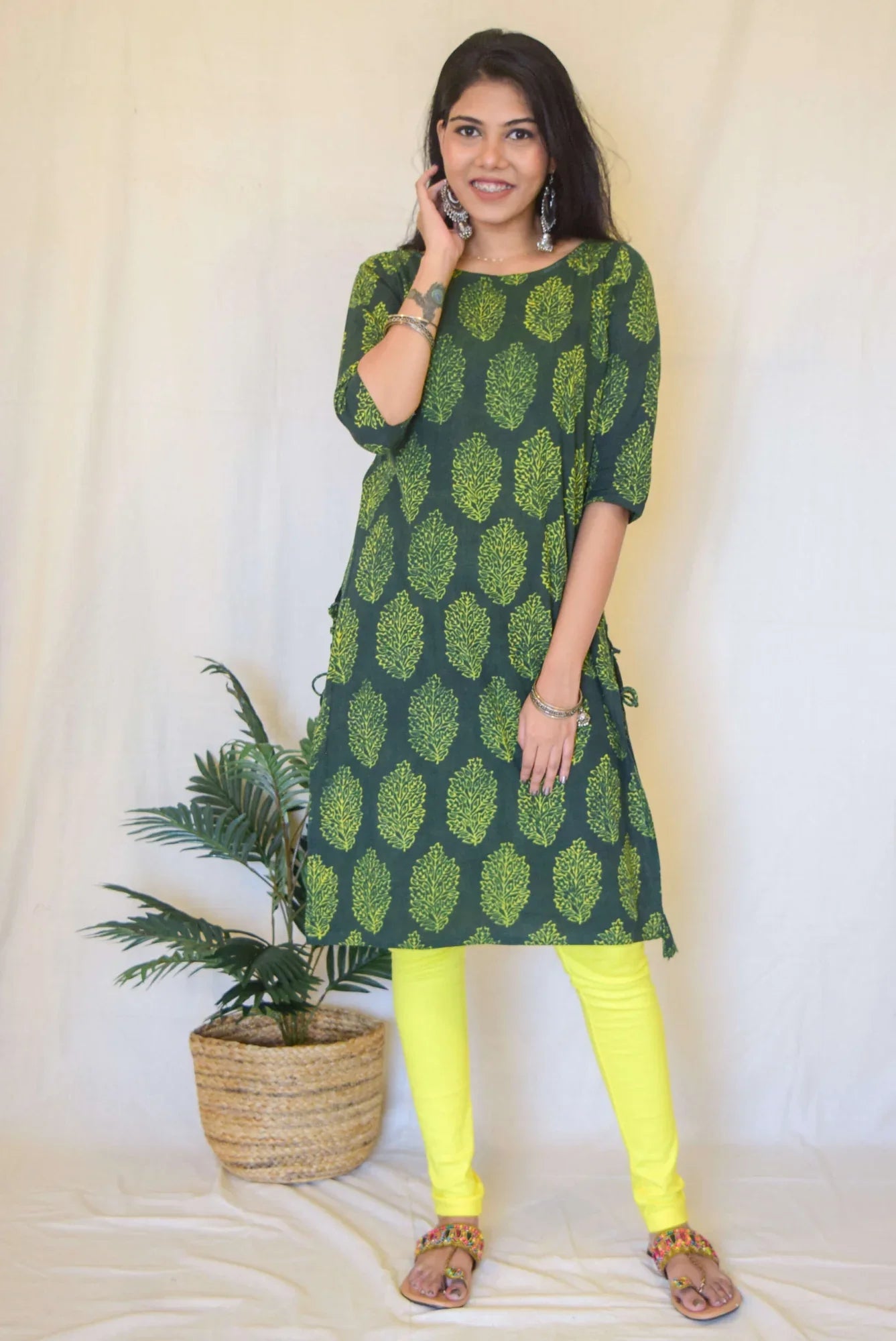 Green Printed Kurta at Kamakhyaa by Hasttvam. This item is Casual Wear, Cotton, Floral, Green, Handmade by Artisans, Natural dyes, Relaxed Fit, Respondible production and Vegan