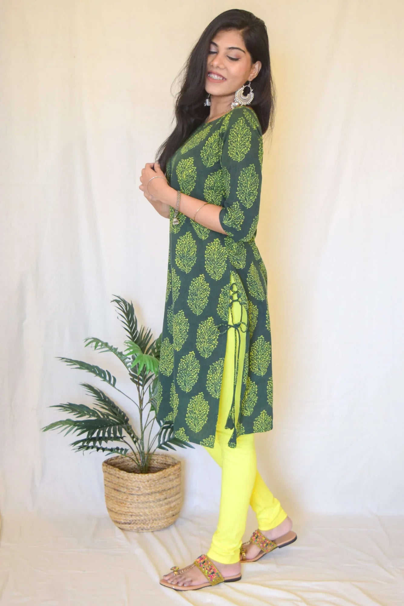 Green Printed Kurta at Kamakhyaa by Hasttvam. This item is Casual Wear, Cotton, Floral, Green, Handmade by Artisans, Natural dyes, Relaxed Fit, Respondible production and Vegan