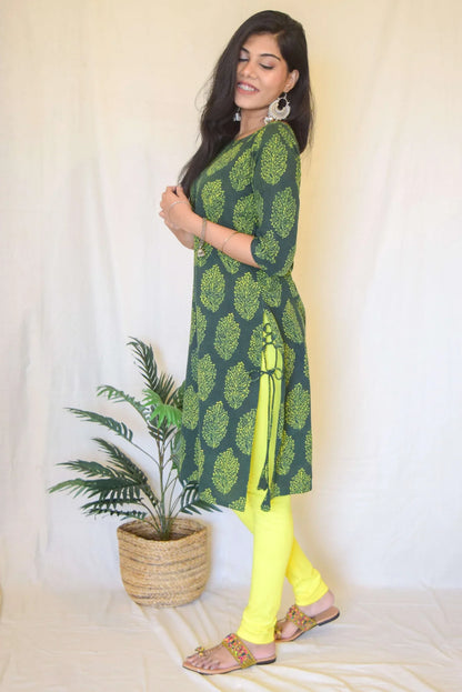 Green Printed Kurta at Kamakhyaa by Hasttvam. This item is Casual Wear, Cotton, Floral, Green, Handmade by Artisans, Natural dyes, Relaxed Fit, Respondible production and Vegan