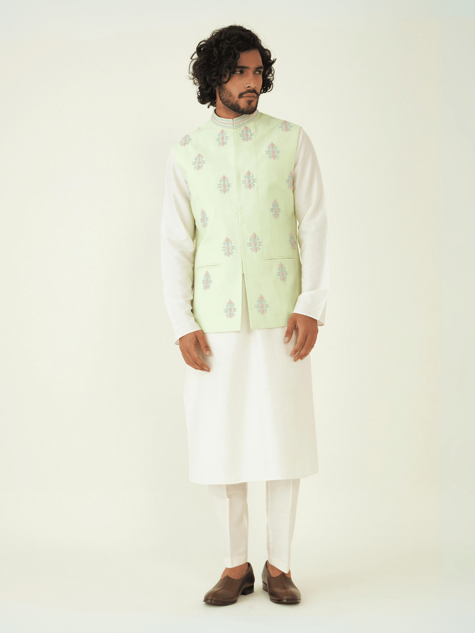 Green Resham Embroidered Silk Jacket at Kamakhyaa by RoohbyRidhimaa. This item is Aangan By RoohbyRidhimaa, Chanderi Silk, Festive Wear, Green, Jackets, Men Jackets, Menswear By RoohbyRidhimaa, Regular Fit, Resham Embroidered, Silk Chanderi