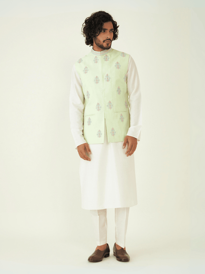 Green Resham Embroidered Silk Jacket at Kamakhyaa by RoohbyRidhimaa. This item is Aangan By RoohbyRidhimaa, Chanderi Silk, Festive Wear, Green, Jackets, Men Jackets, Menswear By RoohbyRidhimaa, Regular Fit, Resham Embroidered, Silk Chanderi