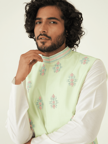 Green Resham Embroidered Silk Jacket at Kamakhyaa by RoohbyRidhimaa. This item is Aangan By RoohbyRidhimaa, Chanderi Silk, Festive Wear, Green, Jackets, Men Jackets, Menswear By RoohbyRidhimaa, Regular Fit, Resham Embroidered, Silk Chanderi