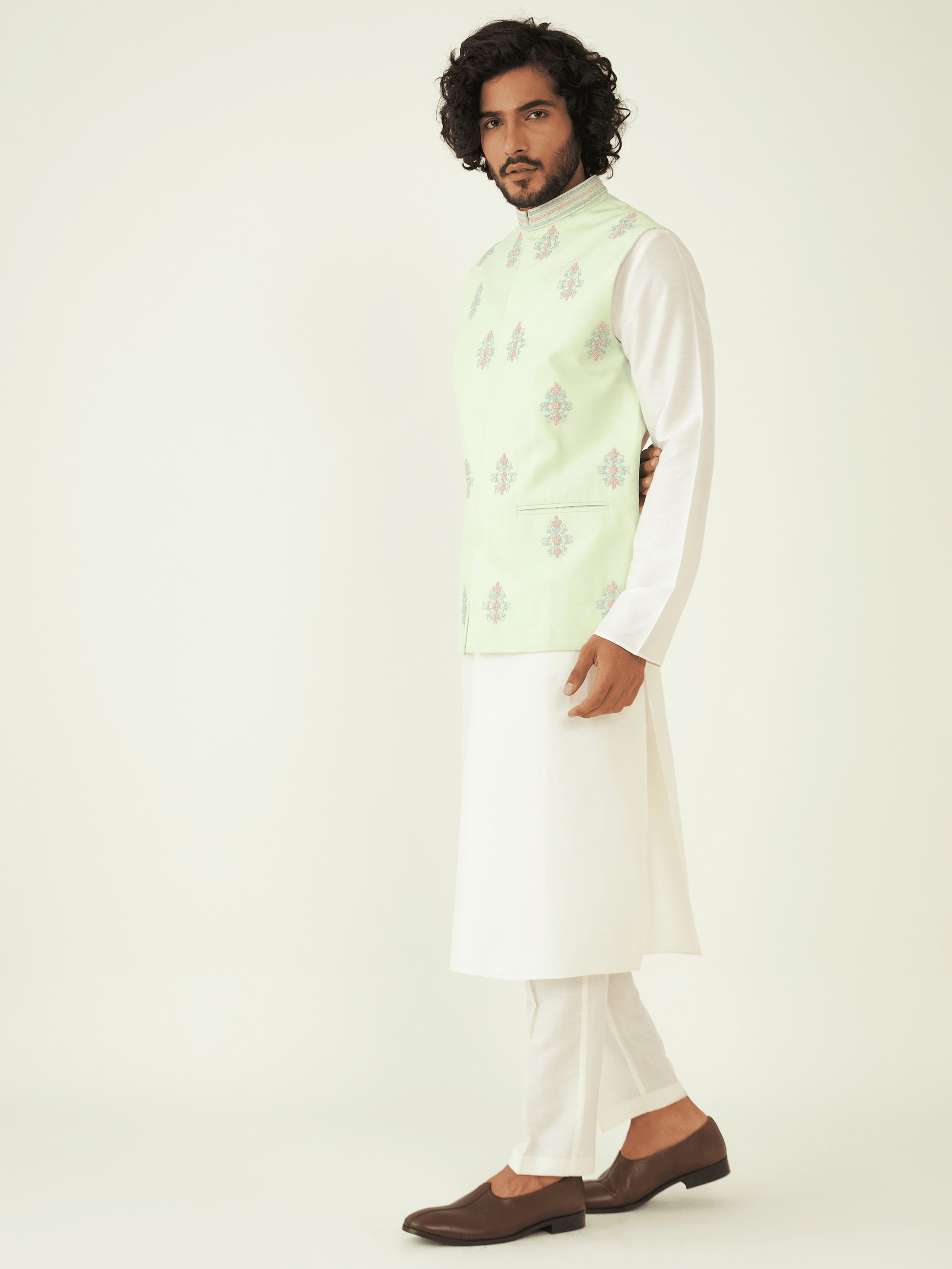 Green Resham Embroidered Silk Jacket at Kamakhyaa by RoohbyRidhimaa. This item is Aangan By RoohbyRidhimaa, Chanderi Silk, Festive Wear, Green, Jackets, Men Jackets, Menswear By RoohbyRidhimaa, Regular Fit, Resham Embroidered, Silk Chanderi