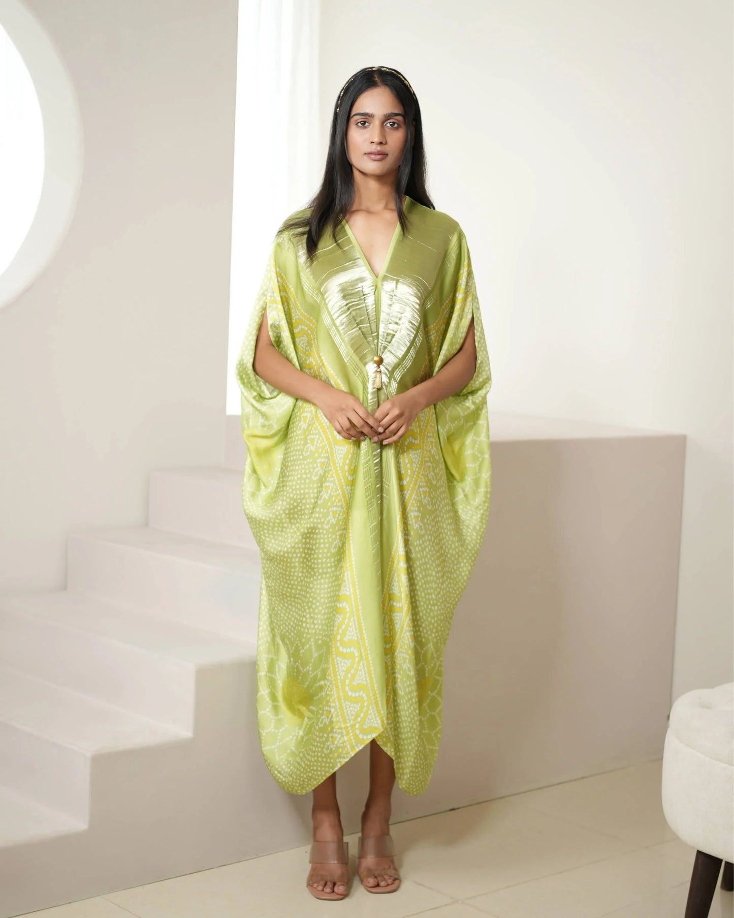 Green Satin Silk Kaftan at Kamakhyaa by Mayura Kumar. This item is Bandhej, Bandhej Bandhini Mixology by Mayura Kumar, Dry clean, Festive Wear, Green, Independence, Modal, Modal Satin Silk, Relaxed Fit, Satin Silk, Silk, Tie-Dye