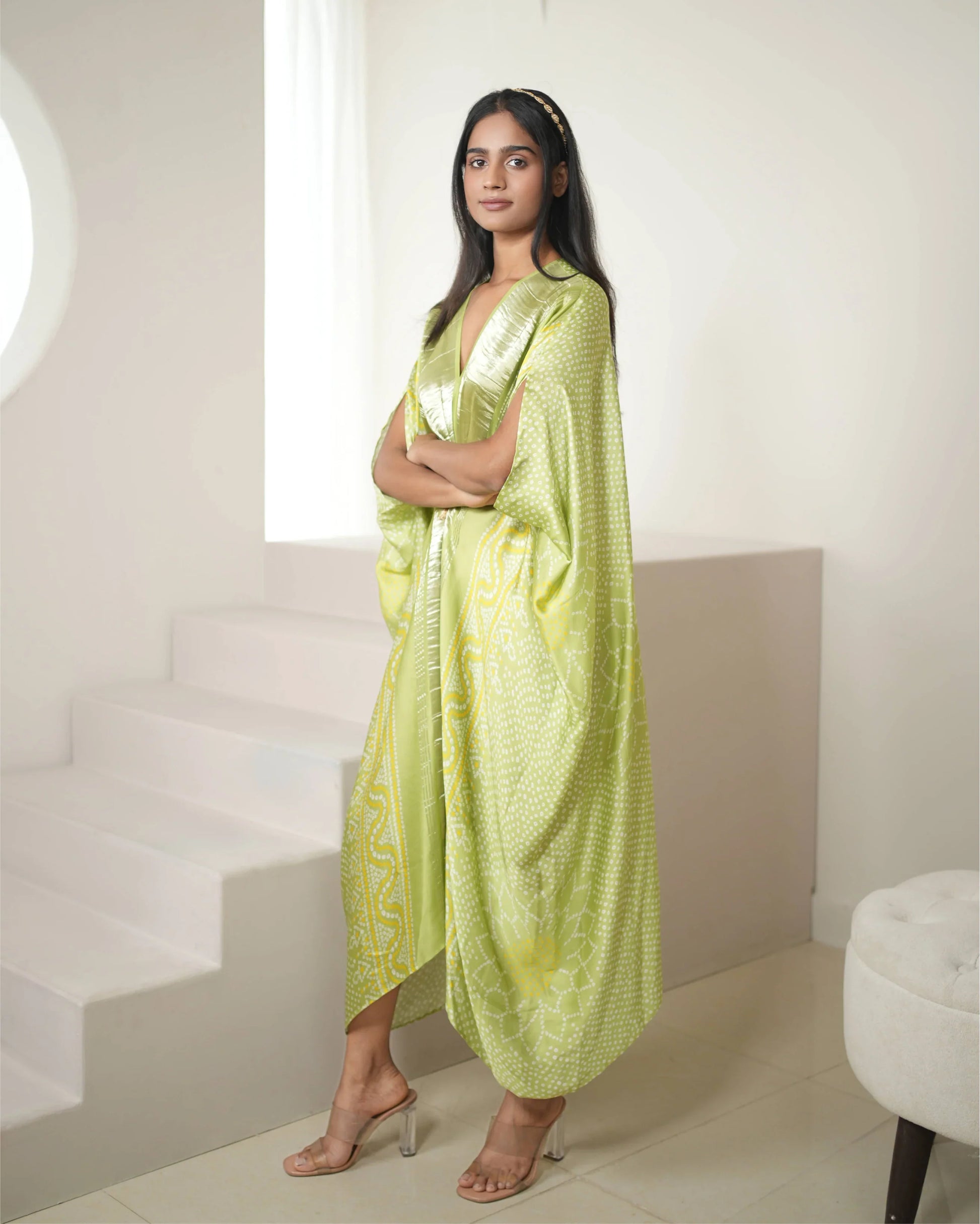 Green Satin Silk Kaftan at Kamakhyaa by Mayura Kumar. This item is Bandhej, Bandhej Bandhini Mixology by Mayura Kumar, Dry clean, Festive Wear, Green, Independence, Modal, Modal Satin Silk, Relaxed Fit, Satin Silk, Silk, Tie-Dye