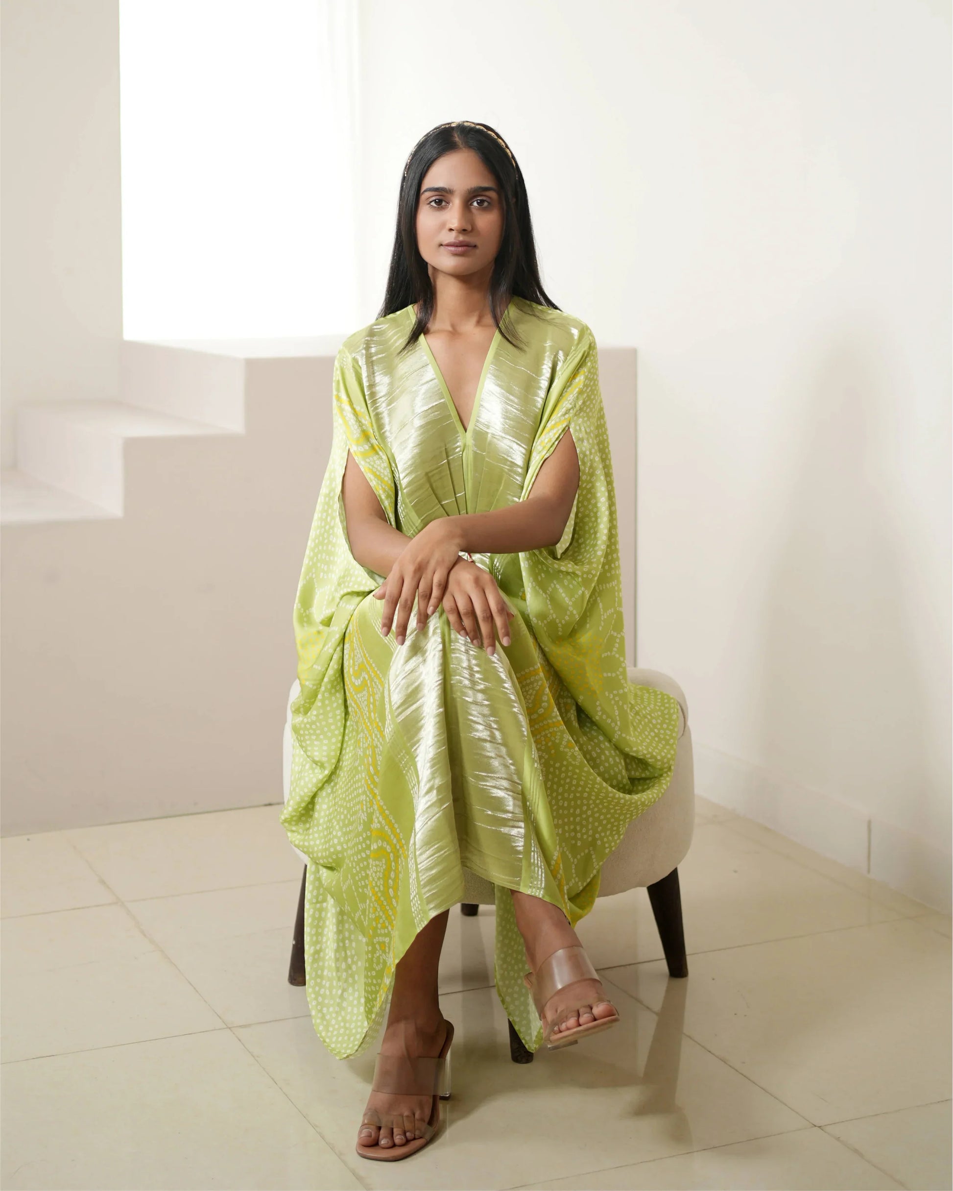 Green Satin Silk Kaftan at Kamakhyaa by Mayura Kumar. This item is Bandhej, Bandhej Bandhini Mixology by Mayura Kumar, Dry clean, Festive Wear, Green, Independence, Modal, Modal Satin Silk, Relaxed Fit, Satin Silk, Silk, Tie-Dye