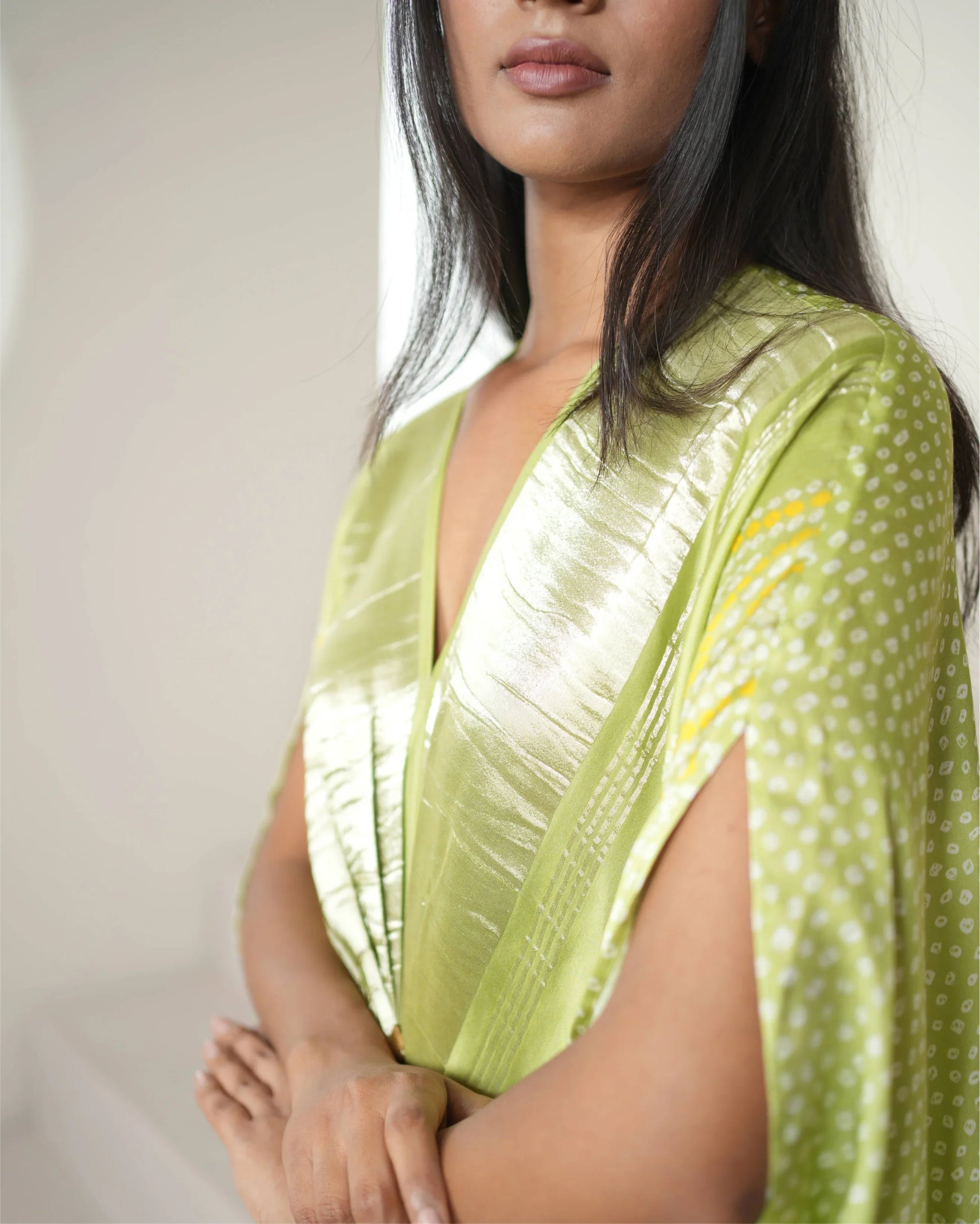 Green Satin Silk Kaftan at Kamakhyaa by Mayura Kumar. This item is Bandhej, Bandhej Bandhini Mixology by Mayura Kumar, Dry clean, Festive Wear, Green, Independence, Modal, Modal Satin Silk, Relaxed Fit, Satin Silk, Silk, Tie-Dye