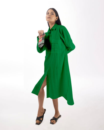 Green Shirt Dress High-Low at Kamakhyaa by Kamakhyaa. This item is Casual Wear, Green, KKYSS, Natural, Relaxed Fit, Shirt Dresses, Solids, Summer Sutra, Womenswear