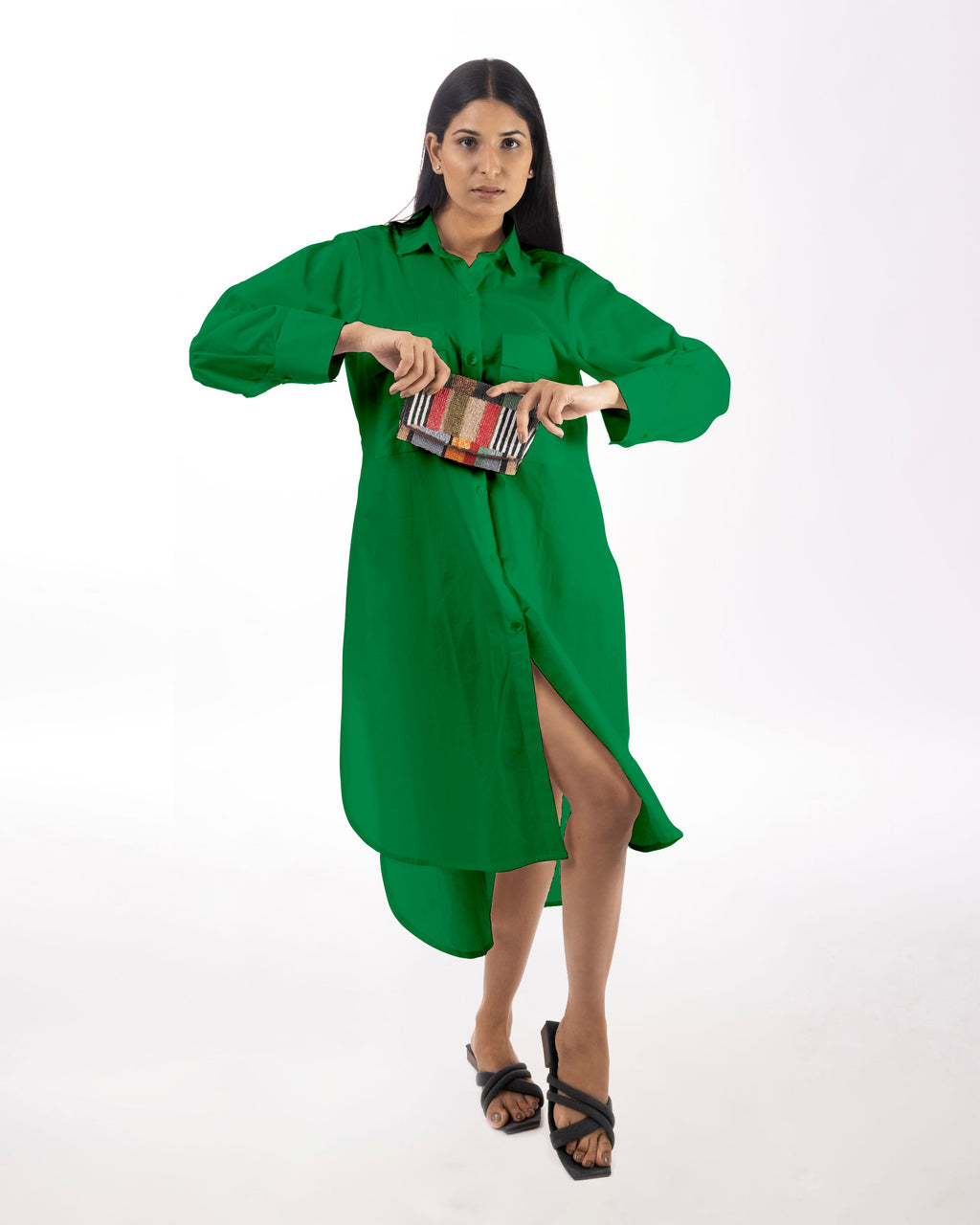 Green Shirt Dress High-Low at Kamakhyaa by Kamakhyaa. This item is Casual Wear, Green, KKYSS, Natural, Relaxed Fit, Shirt Dresses, Solids, Summer Sutra, Womenswear