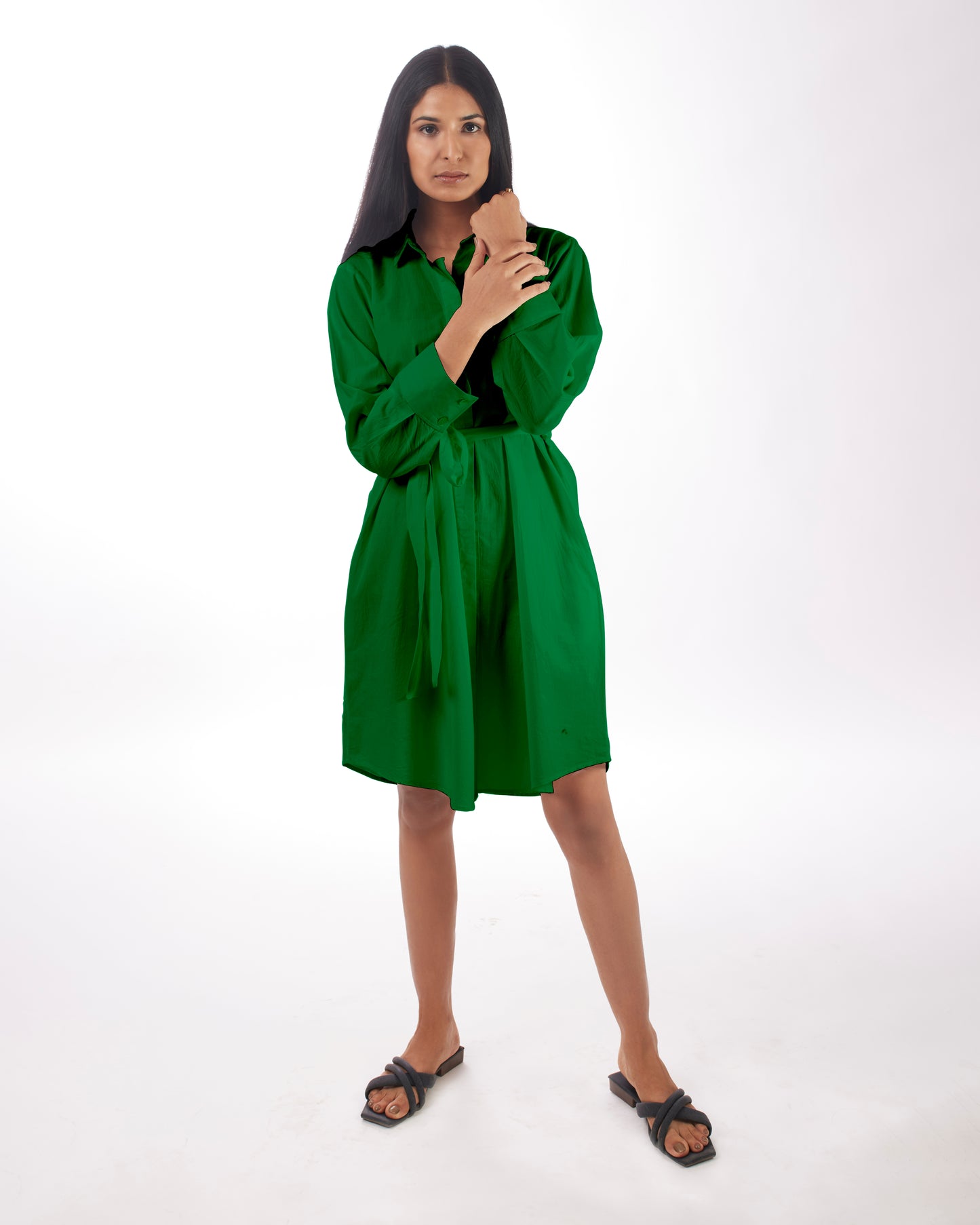 Green Shirt Dress Mini Full Sleeves at Kamakhyaa by Kamakhyaa. This item is Casual Wear, Green, KKYSS, Natural, Relaxed Fit, Shirt Dresses, Solids, Summer Sutra, Womenswear