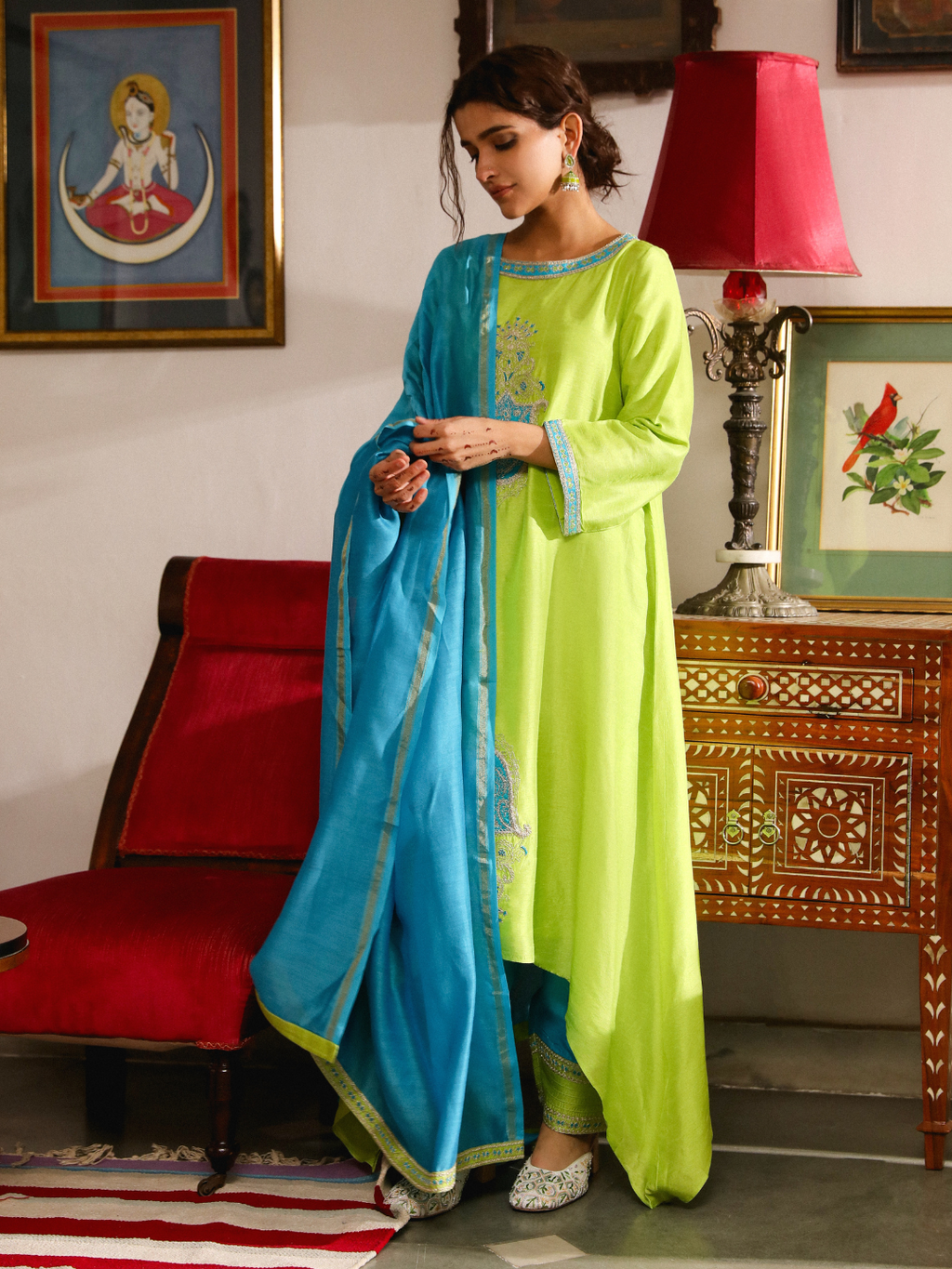 Green Silk Resham Embroidered Kurta Set with Dupatta at Kamakhyaa by RoohbyRidhimaa. This item is Dupattas, Festive Wear, Green, Kurta Set with Dupattas, Relaxed Fit, Resham Embroidered, Silk, Toxin free, Viscose Silk