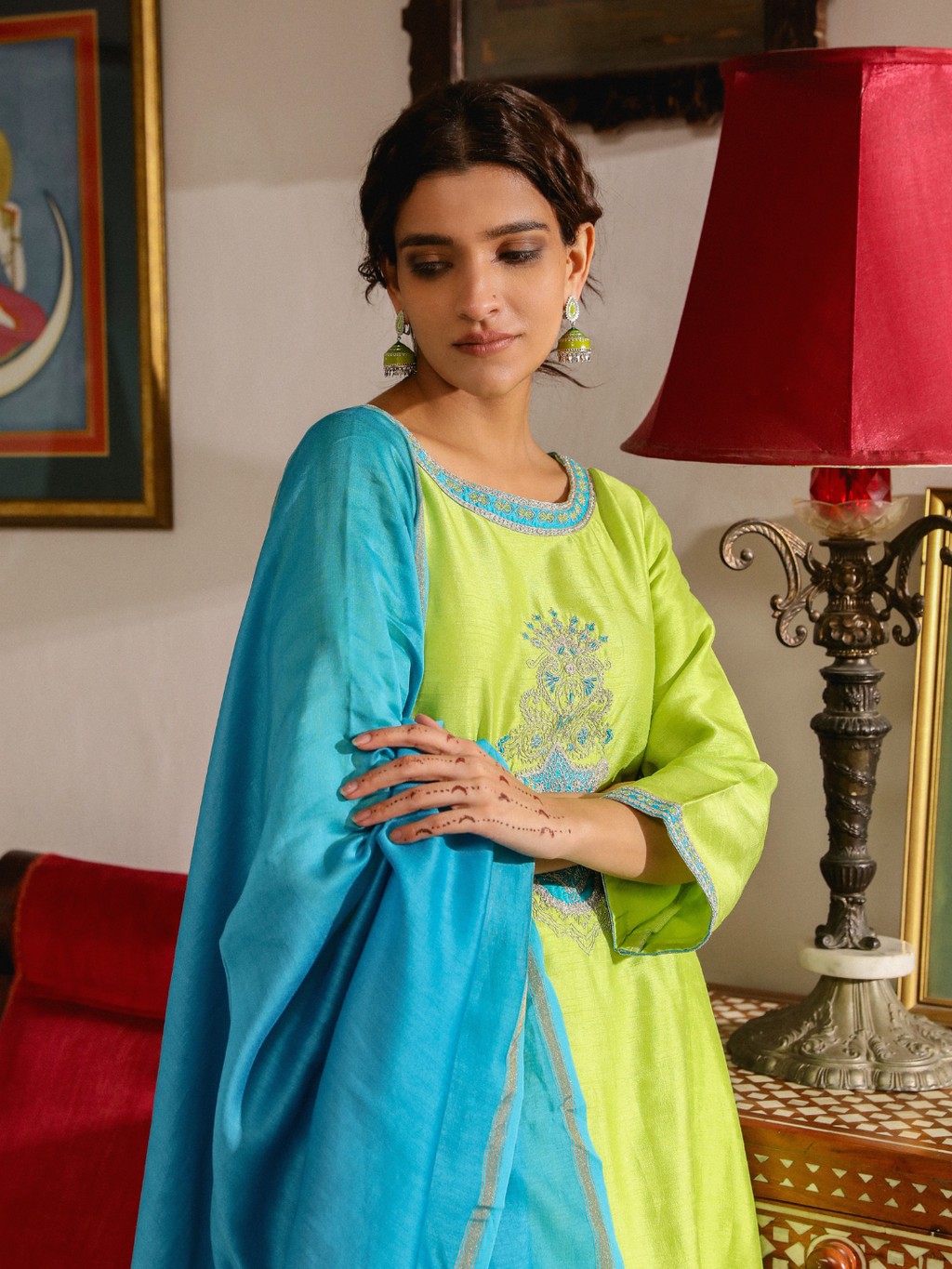 Green Silk Resham Embroidered Kurta Set with Dupatta at Kamakhyaa by RoohbyRidhimaa. This item is Dupattas, Festive Wear, Green, Kurta Set with Dupattas, Relaxed Fit, Resham Embroidered, Silk, Toxin free, Viscose Silk