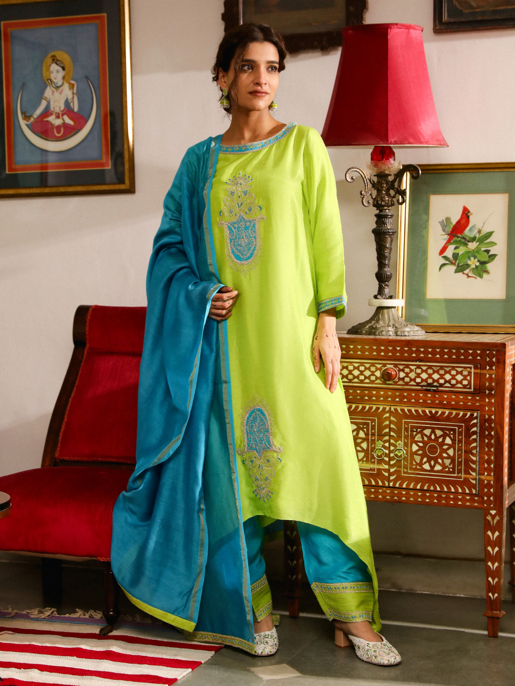 Green Silk Resham Embroidered Kurta Set with Dupatta at Kamakhyaa by RoohbyRidhimaa. This item is Dupattas, Festive Wear, Green, Kurta Set with Dupattas, Relaxed Fit, Resham Embroidered, Silk, Toxin free, Viscose Silk