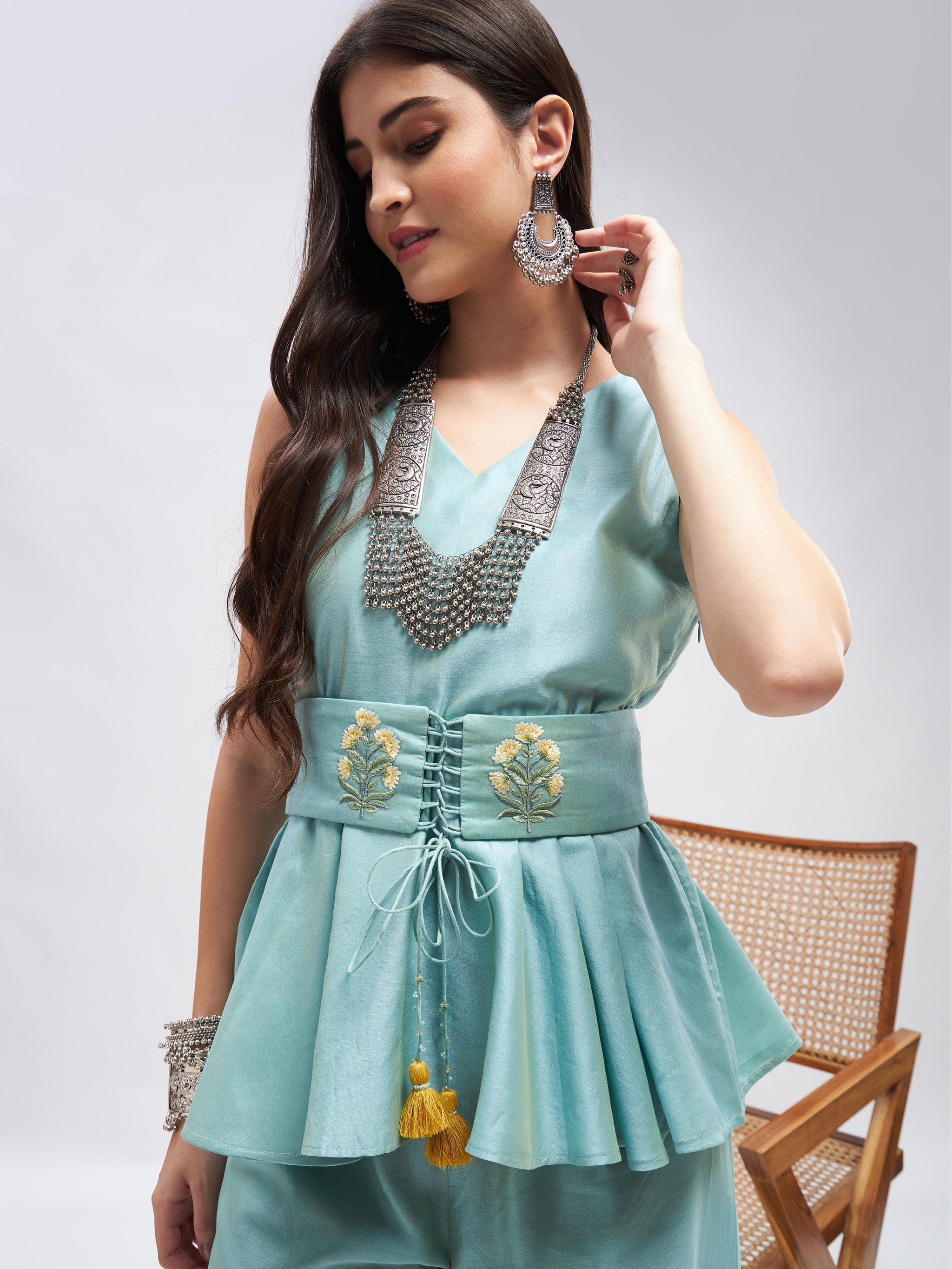 Off white & Green Kora Cotton Heavy Embroidered & Crochet work Party Wea Straight Suit main image 1