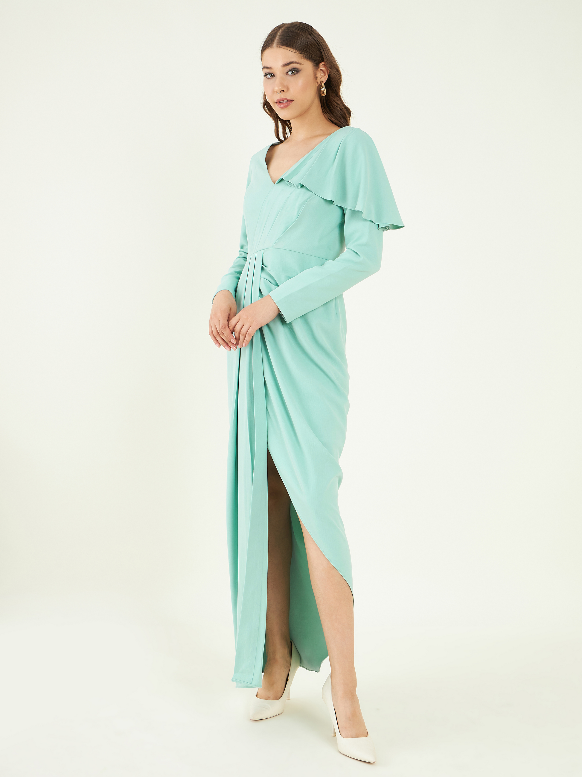 Green Slit Fine Crepe Dress at Kamakhyaa by Bohobi. This item is Evening Wear, Fine American Crepe, Green, Maxi Dresses, Regular Fit, Solids, Toxin free