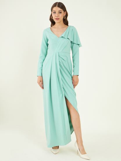 Green Slit Fine Crepe Dress at Kamakhyaa by Bohobi. This item is Evening Wear, Fine American Crepe, Green, Maxi Dresses, Regular Fit, Solids, Toxin free