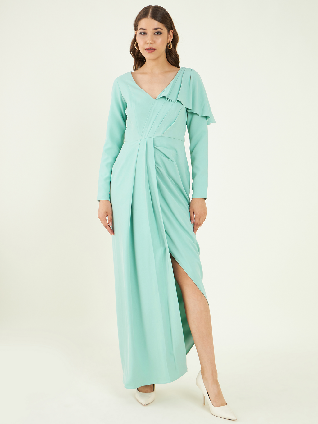 Green Slit Fine Crepe Dress at Kamakhyaa by Bohobi. This item is Evening Wear, Fine American Crepe, Green, Maxi Dresses, Regular Fit, Solids, Toxin free