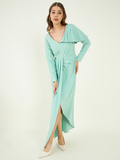 Green Slit Fine Crepe Dress at Kamakhyaa by Bohobi. This item is Evening Wear, Fine American Crepe, Green, Maxi Dresses, Regular Fit, Solids, Toxin free