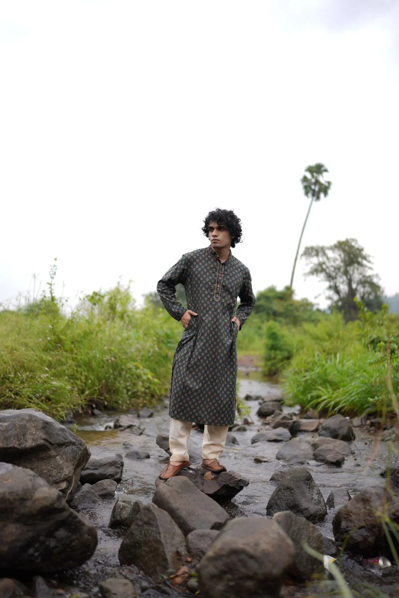 Green Small Butta Kurta for Men at Kamakhyaa by Hasttvam. This item is Cotton, Festive Wear, Floral, Green, Handmade by Artisans, Natural dyes, Relaxed Fit, Respondible production and Vegan