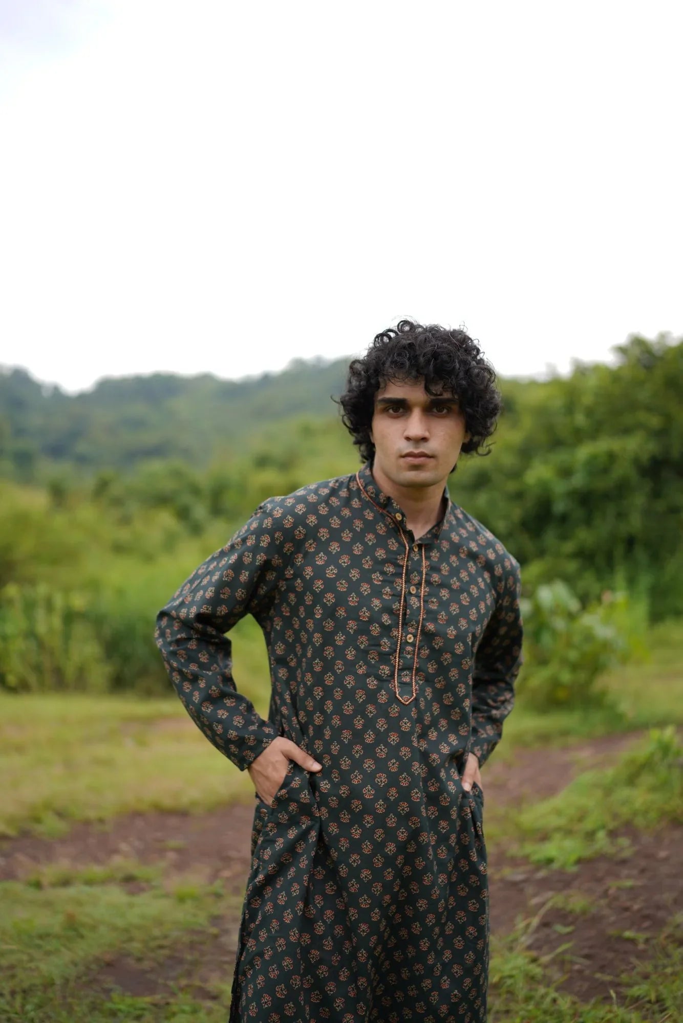 Green Small Butta Kurta for Men at Kamakhyaa by Hasttvam. This item is Cotton, Festive Wear, Floral, Green, Handmade by Artisans, Natural dyes, Relaxed Fit, Respondible production and Vegan