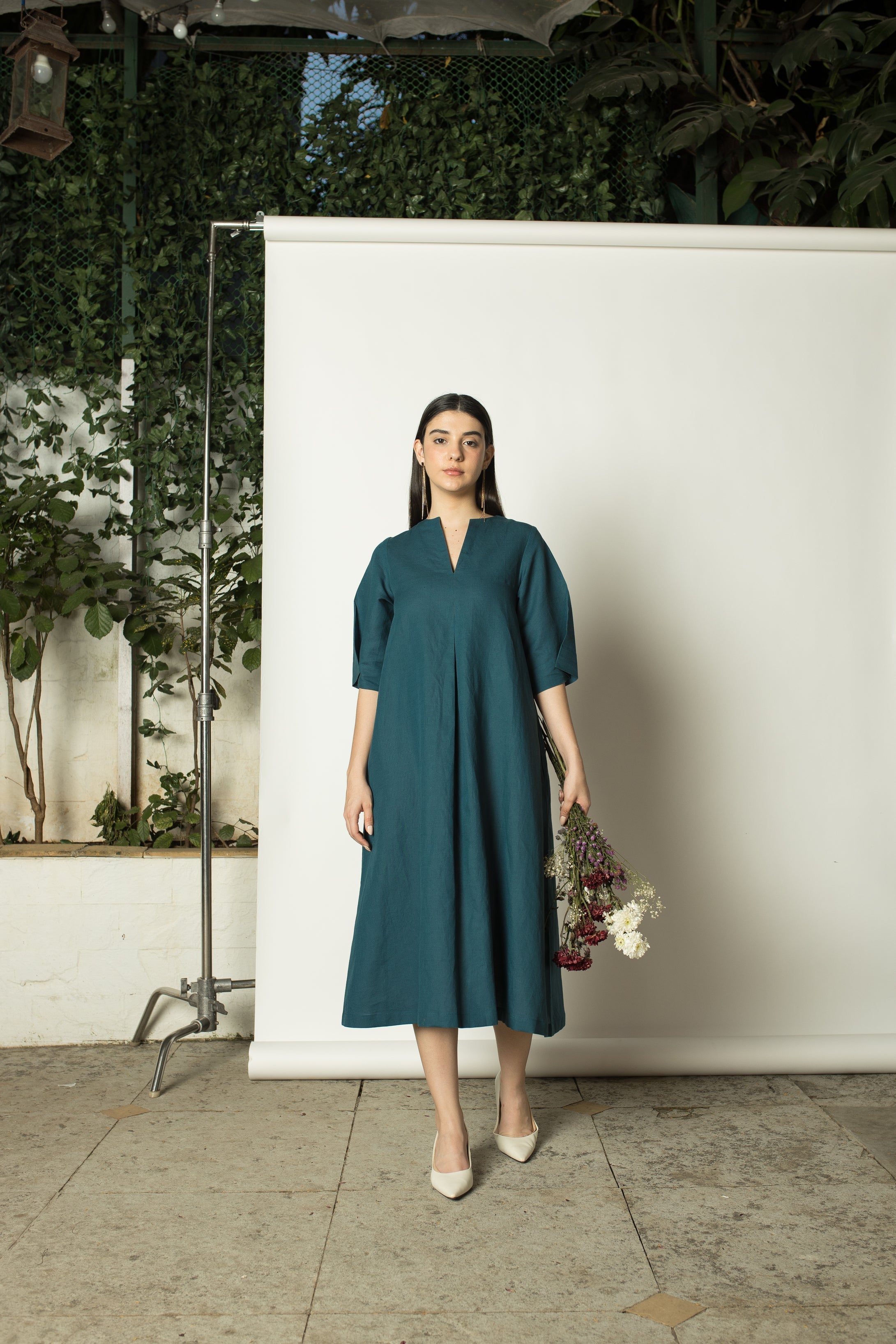Green Solid A Line Maxi Dress at kamakhyaa.com by Anushé Pirani. This item is Birthday Collection, Brunch Wear, Cotton Hemp, Green, Maxi Dresses, Nostalgic Whispers by Anushe Pirani, Relaxed Fit, Review September 2025, Womenswear