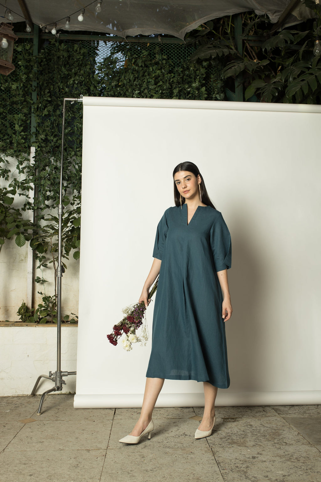Green Solid A Line Maxi Dress at kamakhyaa.com by Anushé Pirani. This item is Birthday Collection, Brunch Wear, Cotton Hemp, Green, Maxi Dresses, Nostalgic Whispers by Anushe Pirani, Relaxed Fit, Review September 2025, Womenswear