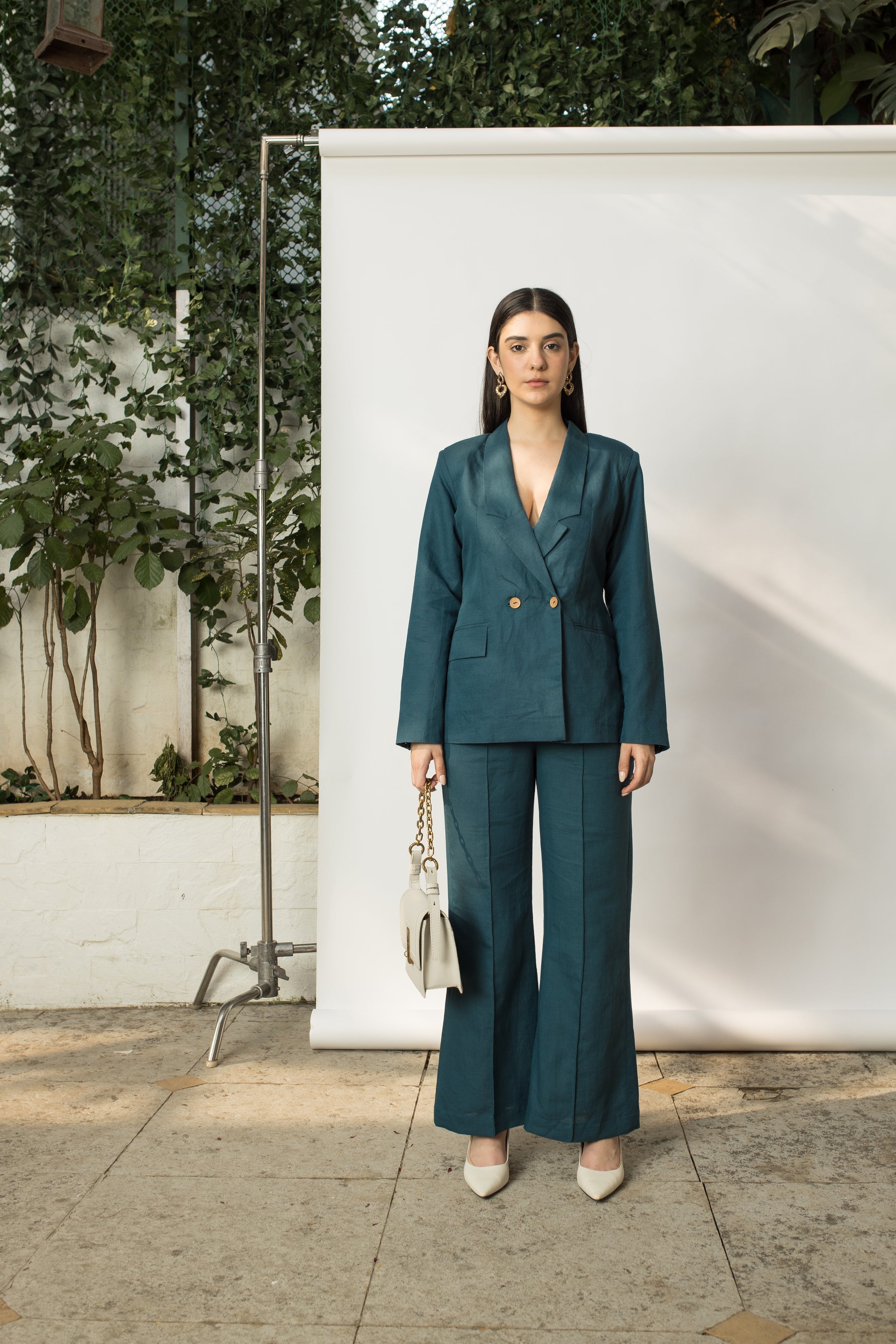 Green Solid Blazer with Buttons at kamakhyaa.com by Anushé Pirani. This item is Buttons, Cotton Hemp, Everyday Ethos, Green, Iconic Threads of Kate Middleton, Jackets, Nostalgic Whispers by Anushe Pirani, Office Chic, Office Formals, Office Wear, Review September 2025, Slim Fit, solid, Winter Products, Womenswear