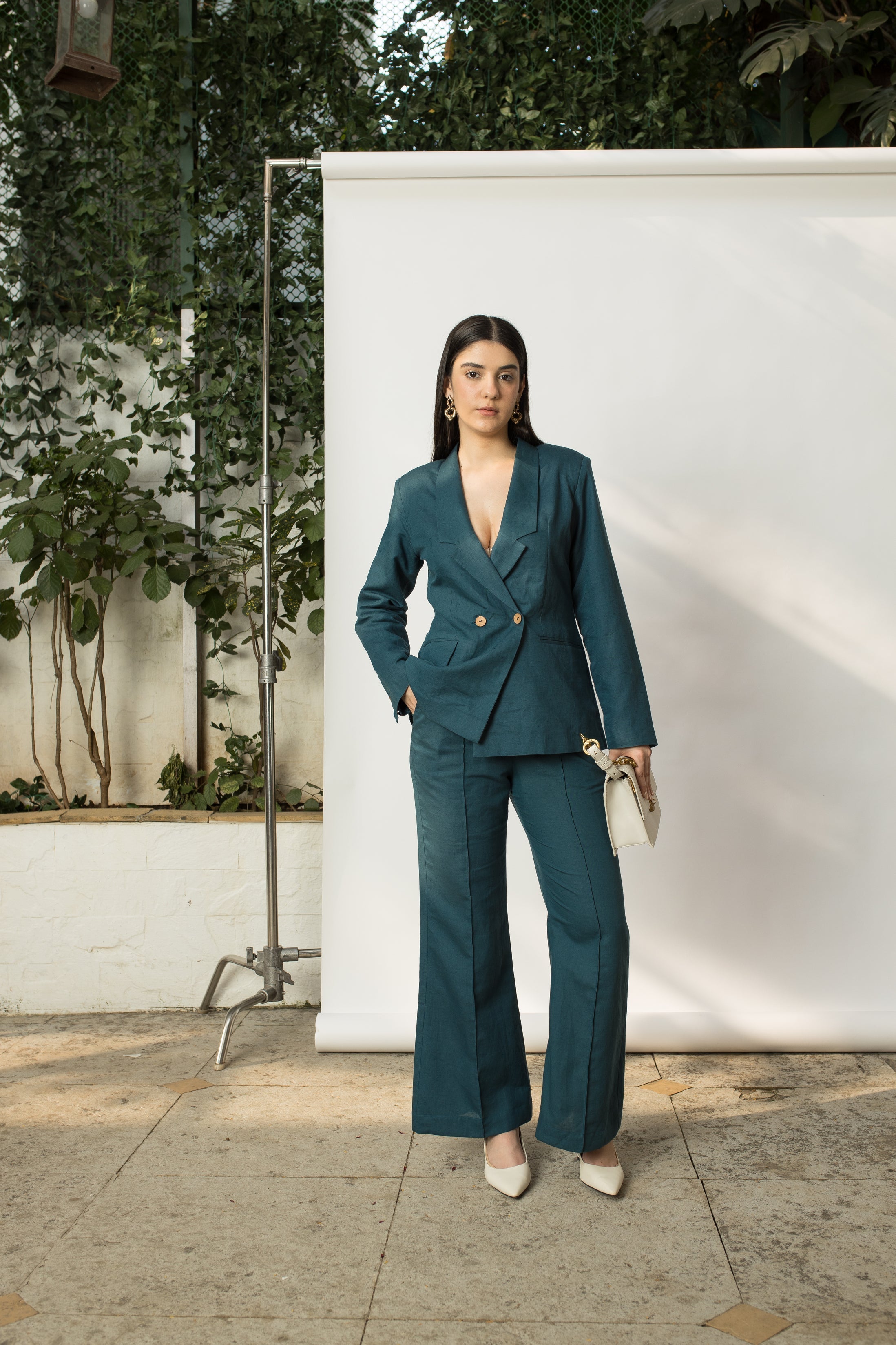 Green Solid Blazer with Buttons at kamakhyaa.com by Anushé Pirani. This item is Buttons, Cotton Hemp, Everyday Ethos, Green, Iconic Threads of Kate Middleton, Jackets, Nostalgic Whispers by Anushe Pirani, Office Chic, Office Formals, Office Wear, Review September 2025, Slim Fit, solid, Winter Products, Womenswear