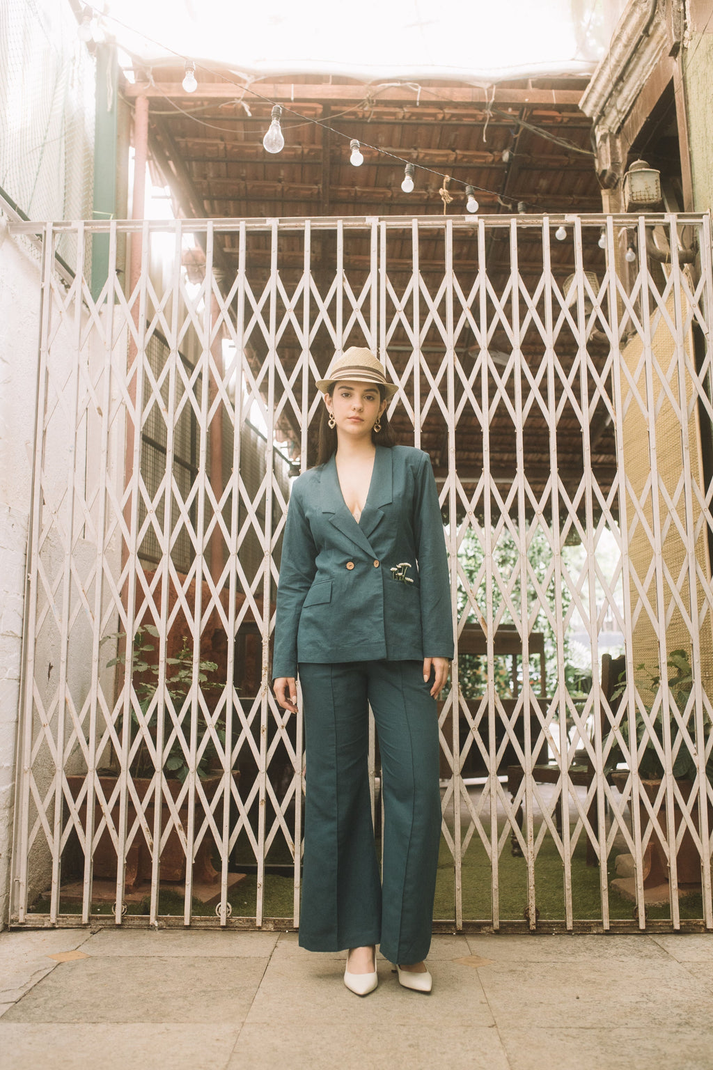 Green Solid Blazer with Buttons at kamakhyaa.com by Anushé Pirani. This item is Buttons, Cotton Hemp, Everyday Ethos, Green, Iconic Threads of Kate Middleton, Jackets, Nostalgic Whispers by Anushe Pirani, Office Chic, Office Formals, Office Wear, Review September 2025, Slim Fit, solid, Winter Products, Womenswear