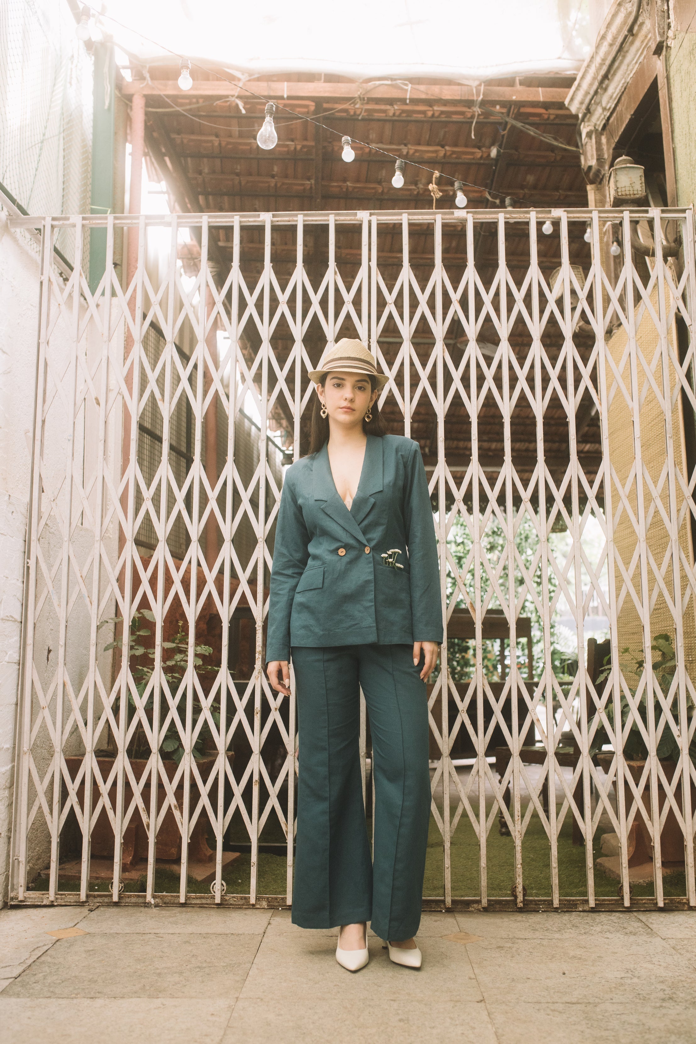 Green Solid Blazer with Buttons at kamakhyaa.com by Anushé Pirani. This item is Buttons, Cotton Hemp, Everyday Ethos, Green, Iconic Threads of Kate Middleton, Jackets, Nostalgic Whispers by Anushe Pirani, Office Chic, Office Formals, Office Wear, Review September 2025, Slim Fit, solid, Winter Products, Womenswear