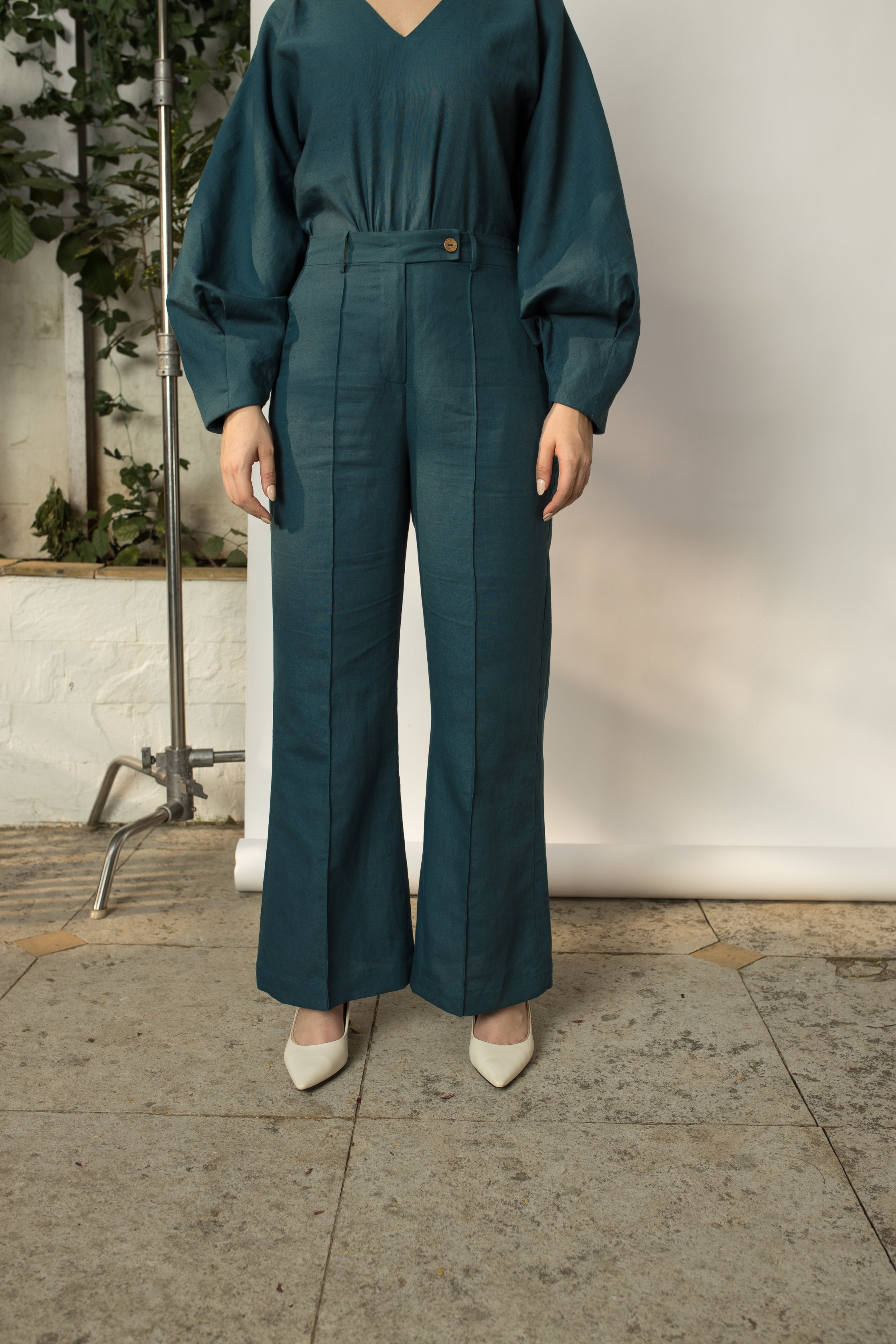 Green Tailored Pants at kamakhyaa.com by Anushé Pirani. This item is Birthday Collection, Cotton Hemp, Green, Nostalgic Whispers by Anushe Pirani, Pants, Regular Fit, Review September 2025, Womenswear