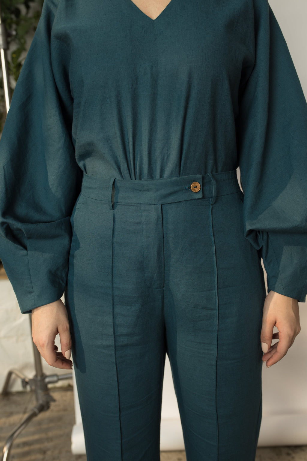 Green Tailored Pants at kamakhyaa.com by Anushé Pirani. This item is Birthday Collection, Cotton Hemp, Green, Nostalgic Whispers by Anushe Pirani, Pants, Regular Fit, Review September 2025, Womenswear