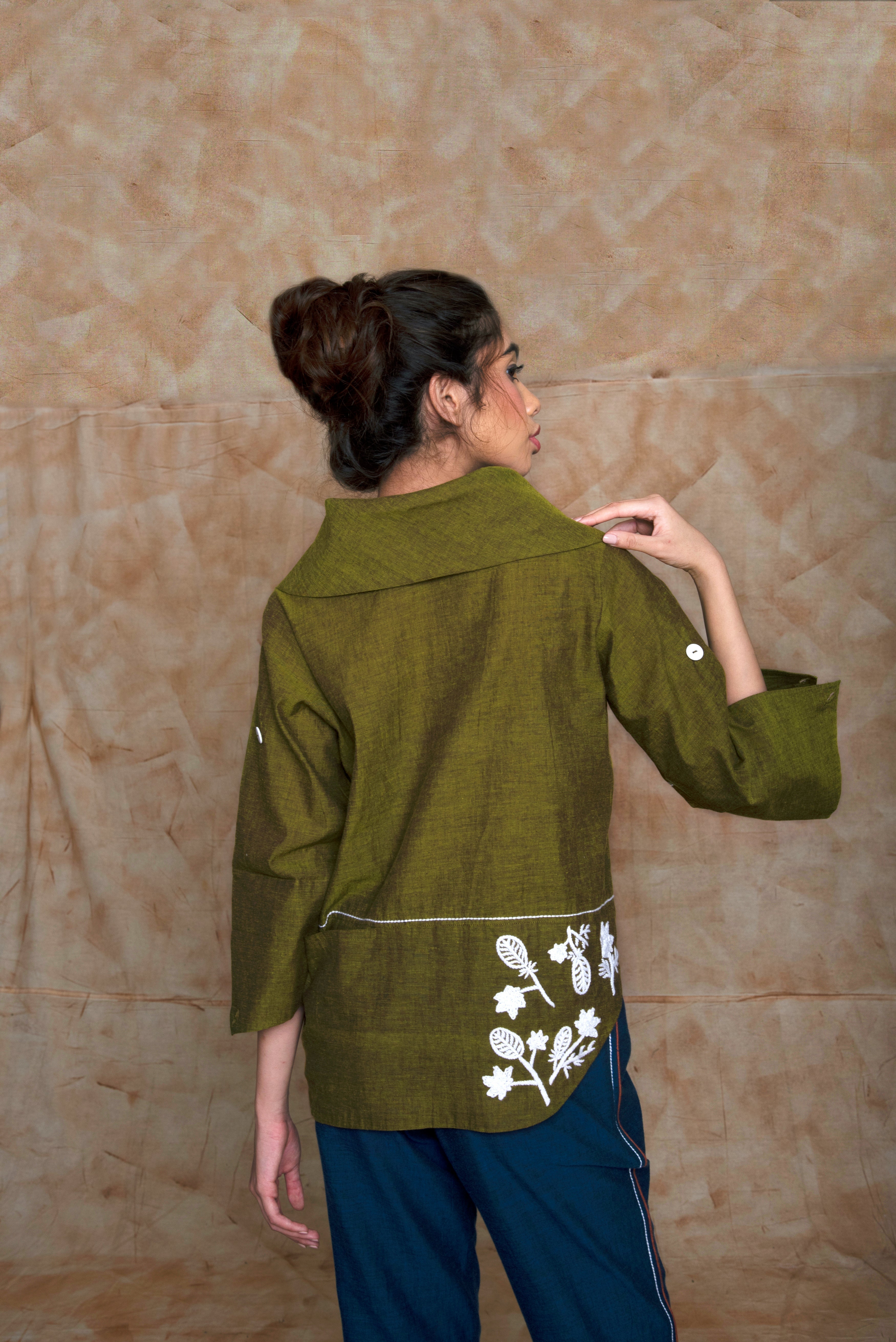 Green Tunic Top with Embroidery at kamakhyaa.com by Anushé Pirani. This item is Anushe Pirani Sale, Embroidered, Green, Handwoven Cotton, July Sale, July Sale 2023, Natural, Ocean of Stories, Ocean of Stories by Anushe Pirani, Office Wear, Regular Fit, Shirt, Shirts, Tops, Tunic Tops, Womenswear