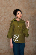 Green Tunic Top with Embroidery at kamakhyaa.com by Anushé Pirani. This item is Anushe Pirani Sale, Embroidered, Green, Handwoven Cotton, July Sale, July Sale 2023, Natural, Ocean of Stories, Ocean of Stories by Anushe Pirani, Office Wear, Regular Fit, Shirt, Shirts, Tops, Tunic Tops, Womenswear