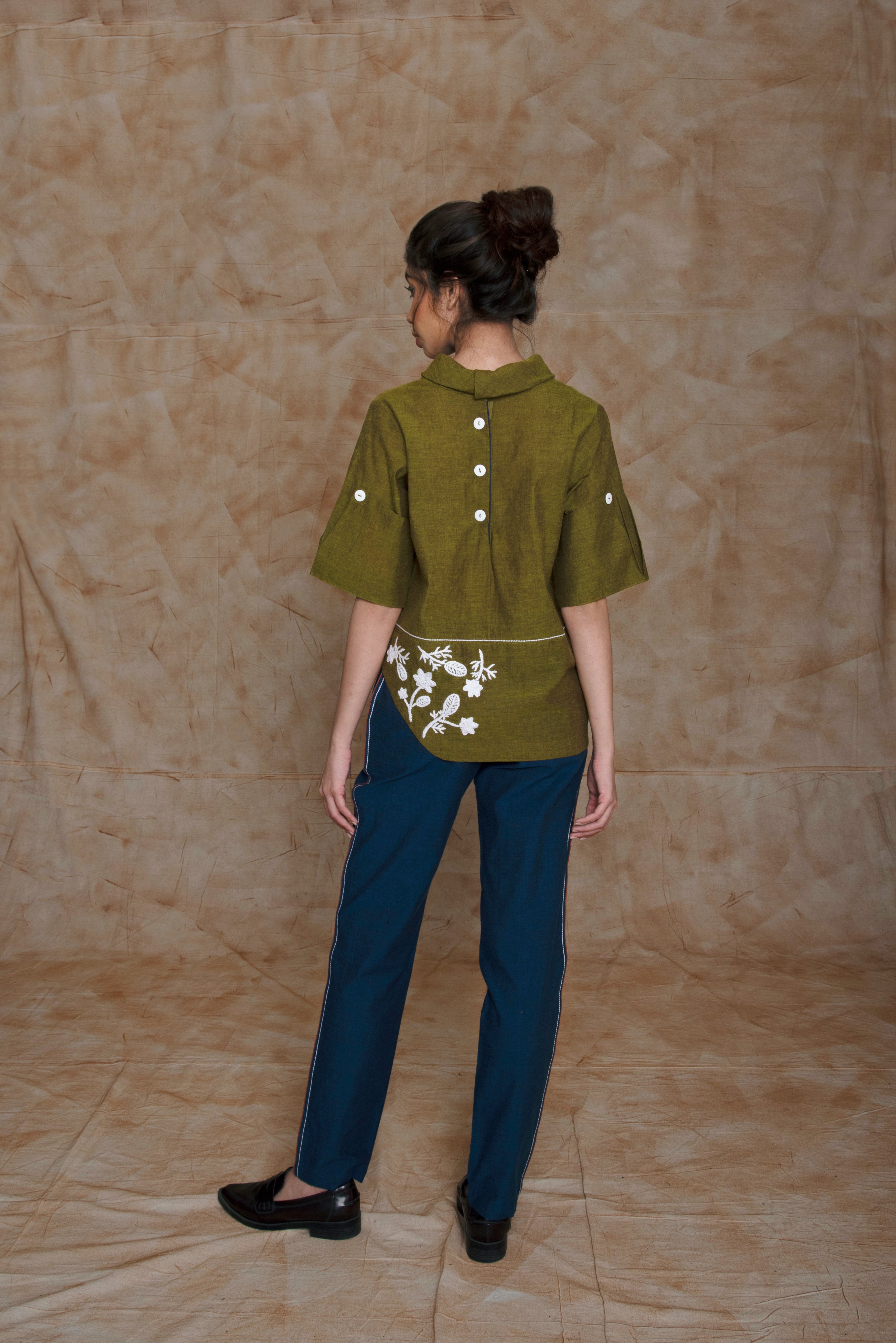 Green Tunic Top with Embroidery at kamakhyaa.com by Anushé Pirani. This item is Anushe Pirani Sale, Embroidered, Green, Handwoven Cotton, July Sale, July Sale 2023, Natural, Ocean of Stories, Ocean of Stories by Anushe Pirani, Office Wear, Regular Fit, Shirt, Shirts, Tops, Tunic Tops, Womenswear