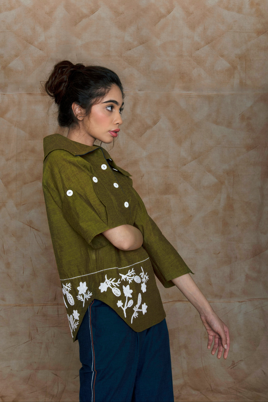 Green Tunic Top with Embroidery at kamakhyaa.com by Anushé Pirani. This item is Anushe Pirani Sale, Embroidered, Green, Handwoven Cotton, July Sale, July Sale 2023, Natural, Ocean of Stories, Ocean of Stories by Anushe Pirani, Office Wear, Regular Fit, Shirt, Shirts, Tops, Tunic Tops, Womenswear