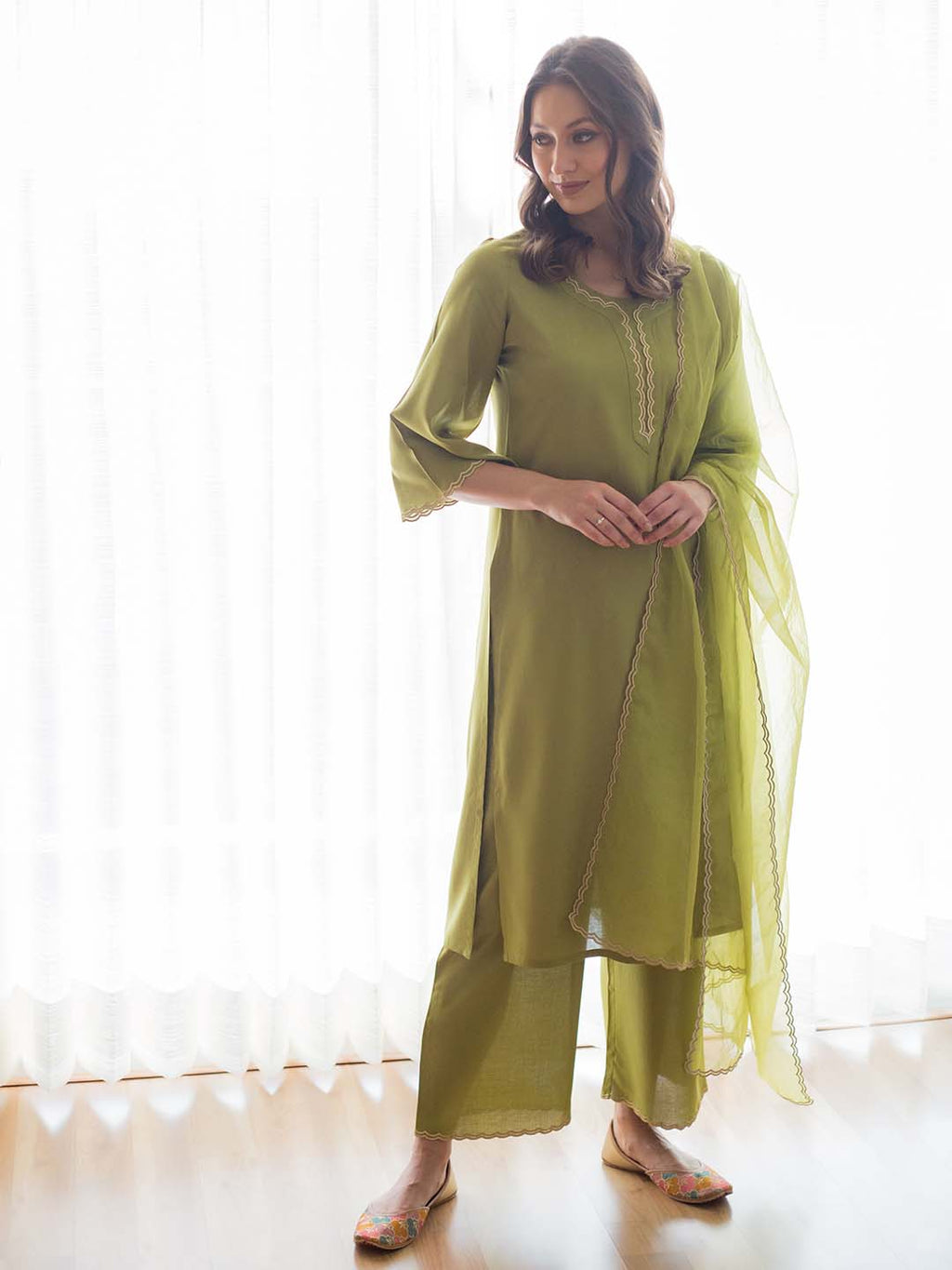 Green Zari Embroidered Kurta Set with Dupatta at Kamakhyaa by RoohbyRidhimaa. This item is Cotton, Dupattas, Embroidered, Green, Kurta Set with Dupattas, Kurta Sets, Office Wear, Organza, Regular Fit, Toxin free, Zari Embroidered