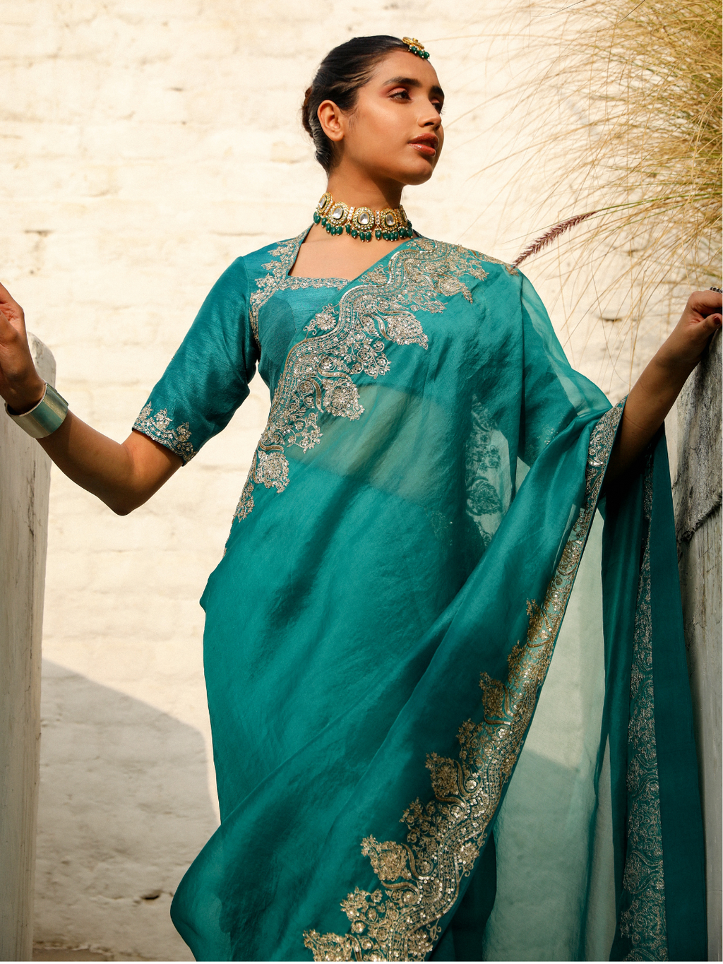 Green Zari Embroidered Organza Saree Set at Kamakhyaa by RoohbyRidhimaa. This item is Embroidered, Festive Wear, Free Size, Green, Saree Sets, Toxin free, Zari Embroidered