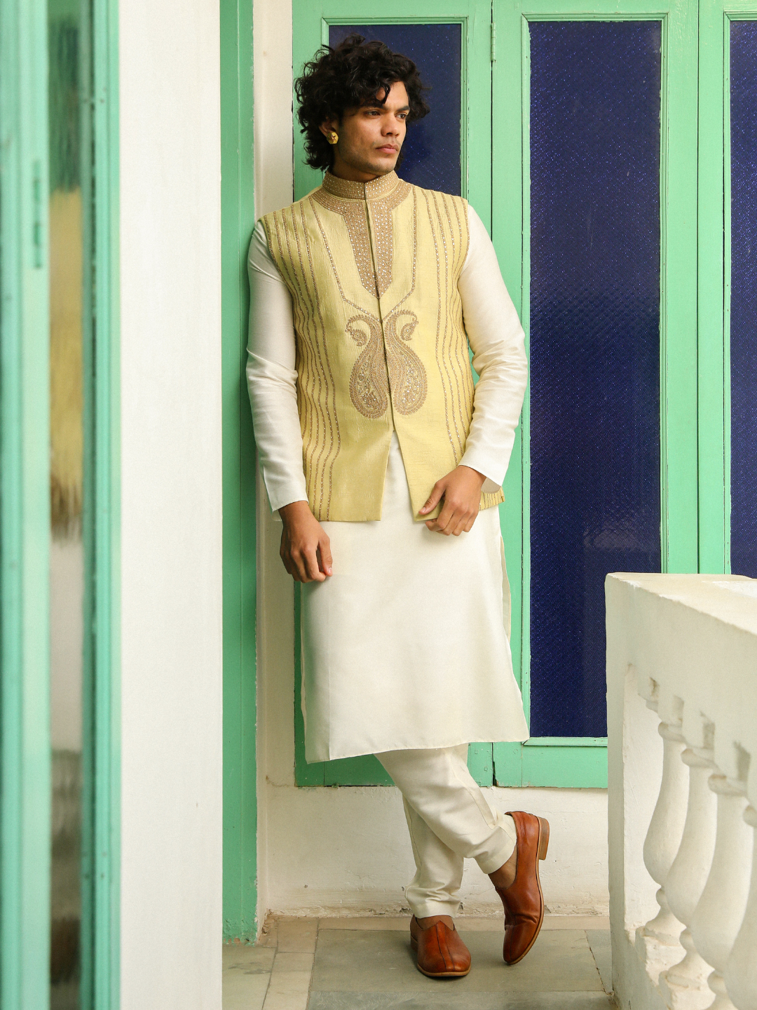 Green Zari Embroidered Silk Jacket at Kamakhyaa by RoohbyRidhimaa. This item is Aangan By RoohbyRidhimaa, Festive Wear, Green, Jackets, Men Jackets, Menswear By RoohbyRidhimaa, Regular Fit, Viscose Raw Silk, Zari Embroidered