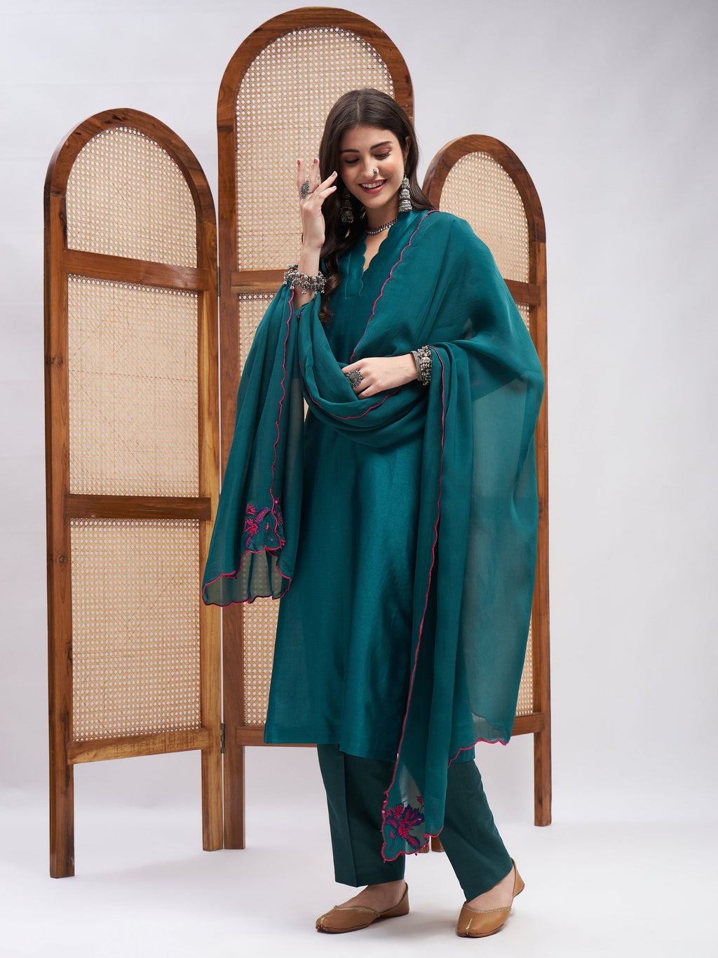 Green and Pink Organza Kurta Set with Dupatta at Kamakhyaa by RoohbyRidhimaa. This item is Casual Wear, Chanderi Silk, Cotton, Dupattas, Embroidered, Green, Kurta Set with Dupattas, Kurta Sets, Organza, Pearl, Regular Fit, Resham, Resham Embroidered, Silk Chanderi, Toxin free