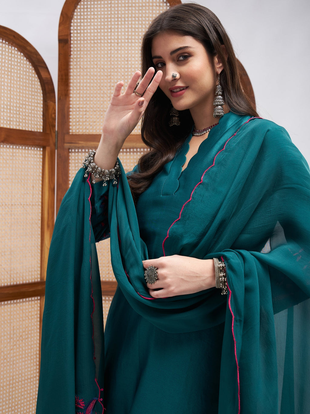 Green and Pink Organza Kurta Set with Dupatta at Kamakhyaa by RoohbyRidhimaa. This item is Casual Wear, Chanderi Silk, Cotton, Dupattas, Embroidered, Green, Kurta Set with Dupattas, Kurta Sets, Organza, Pearl, Regular Fit, Resham, Resham Embroidered, Silk Chanderi, Toxin free
