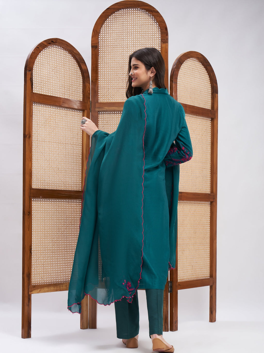 Green and Pink Organza Kurta Set with Dupatta at Kamakhyaa by RoohbyRidhimaa. This item is Casual Wear, Chanderi Silk, Cotton, Dupattas, Embroidered, Green, Kurta Set with Dupattas, Kurta Sets, Organza, Pearl, Regular Fit, Resham, Resham Embroidered, Silk Chanderi, Toxin free