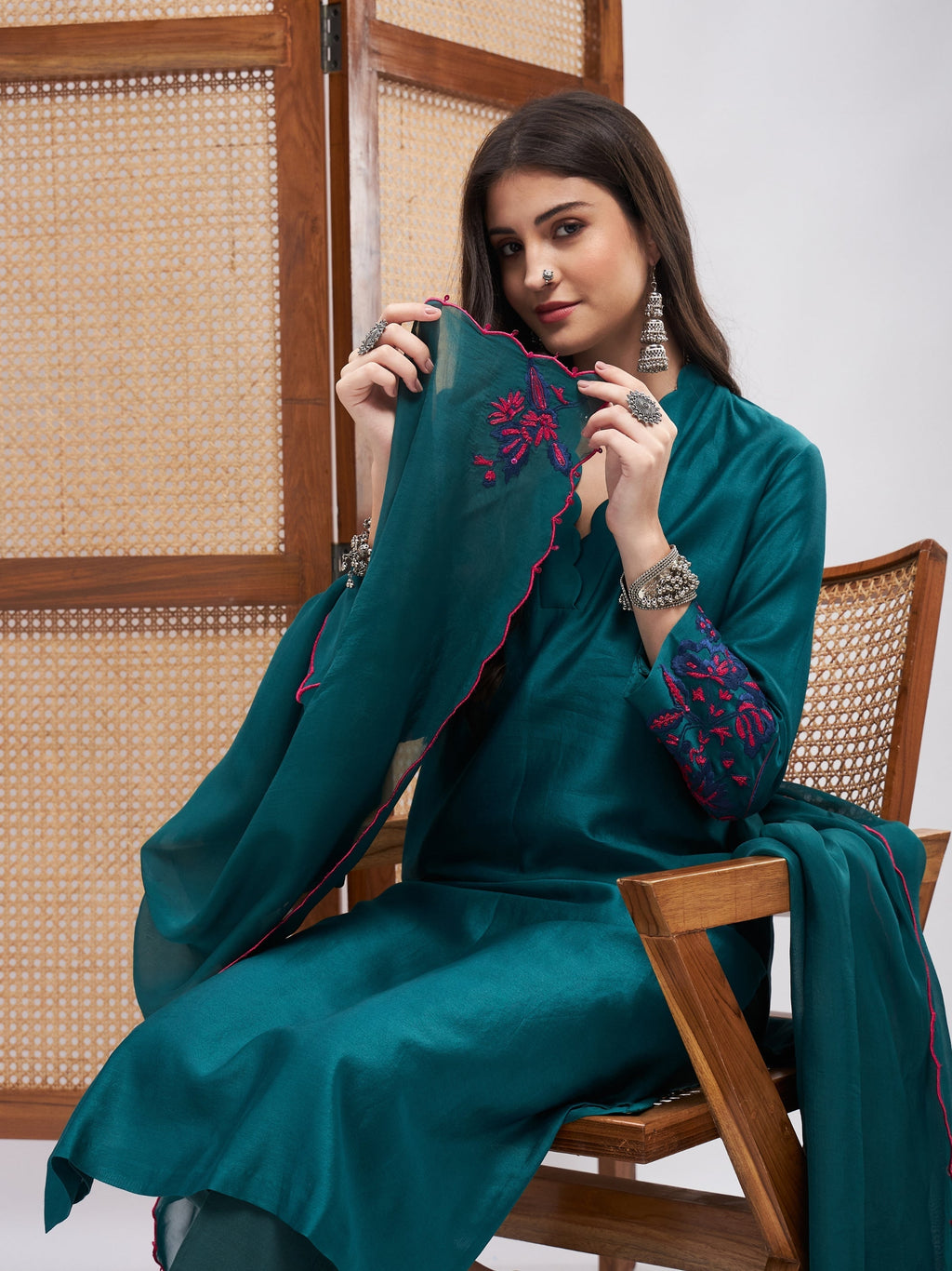 Green and Pink Organza Kurta Set with Dupatta at Kamakhyaa by RoohbyRidhimaa. This item is Casual Wear, Chanderi Silk, Cotton, Dupattas, Embroidered, Green, Kurta Set with Dupattas, Kurta Sets, Organza, Pearl, Regular Fit, Resham, Resham Embroidered, Silk Chanderi, Toxin free
