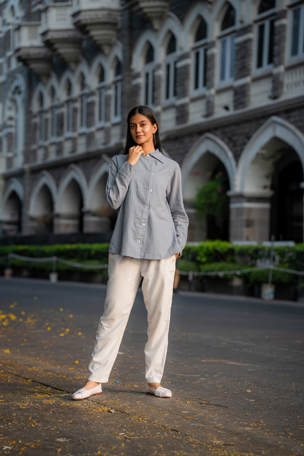 Grey Button-Down Handwoven Shirt at Kamakhyaa by Krushnachuda. This item is Chilika by Krushnachuda, Grey, Handloom Cotton, Loose Fit, Natural Dye, Organic, Outerwear, Self Design, Under $100, Womenswear