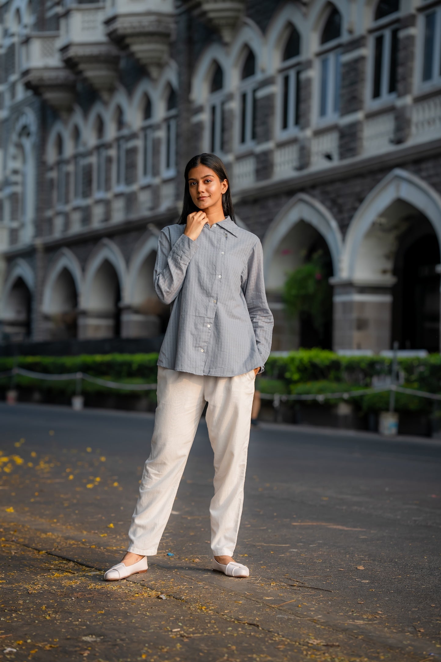 Grey Button-Down Handwoven Shirt at Kamakhyaa by Krushnachuda. This item is Chilika by Krushnachuda, Grey, Handloom Cotton, Loose Fit, Natural Dye, Organic, Outerwear, Self Design, Under $100, Womenswear