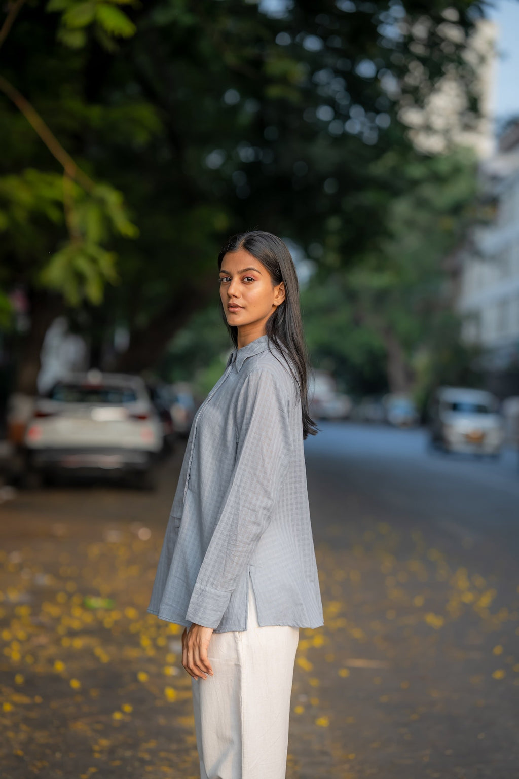 Grey Button-Down Handwoven Shirt at Kamakhyaa by Krushnachuda. This item is Chilika by Krushnachuda, Grey, Handloom Cotton, Loose Fit, Natural Dye, Organic, Outerwear, Self Design, Under $100, Womenswear