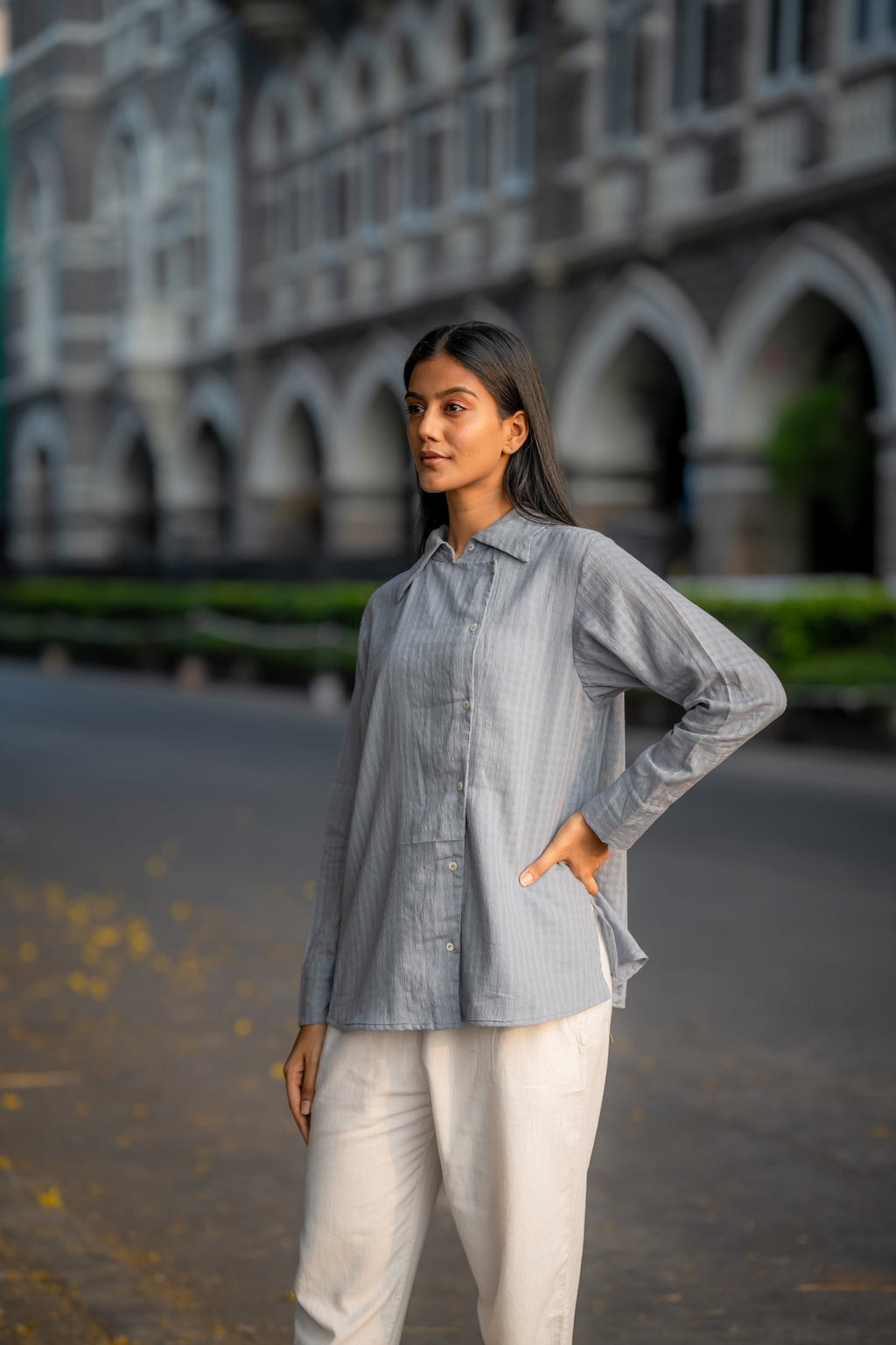Grey Button-Down Handwoven Shirt at Kamakhyaa by Krushnachuda. This item is Chilika by Krushnachuda, Grey, Handloom Cotton, Loose Fit, Natural Dye, Organic, Outerwear, Self Design, Under $100, Womenswear