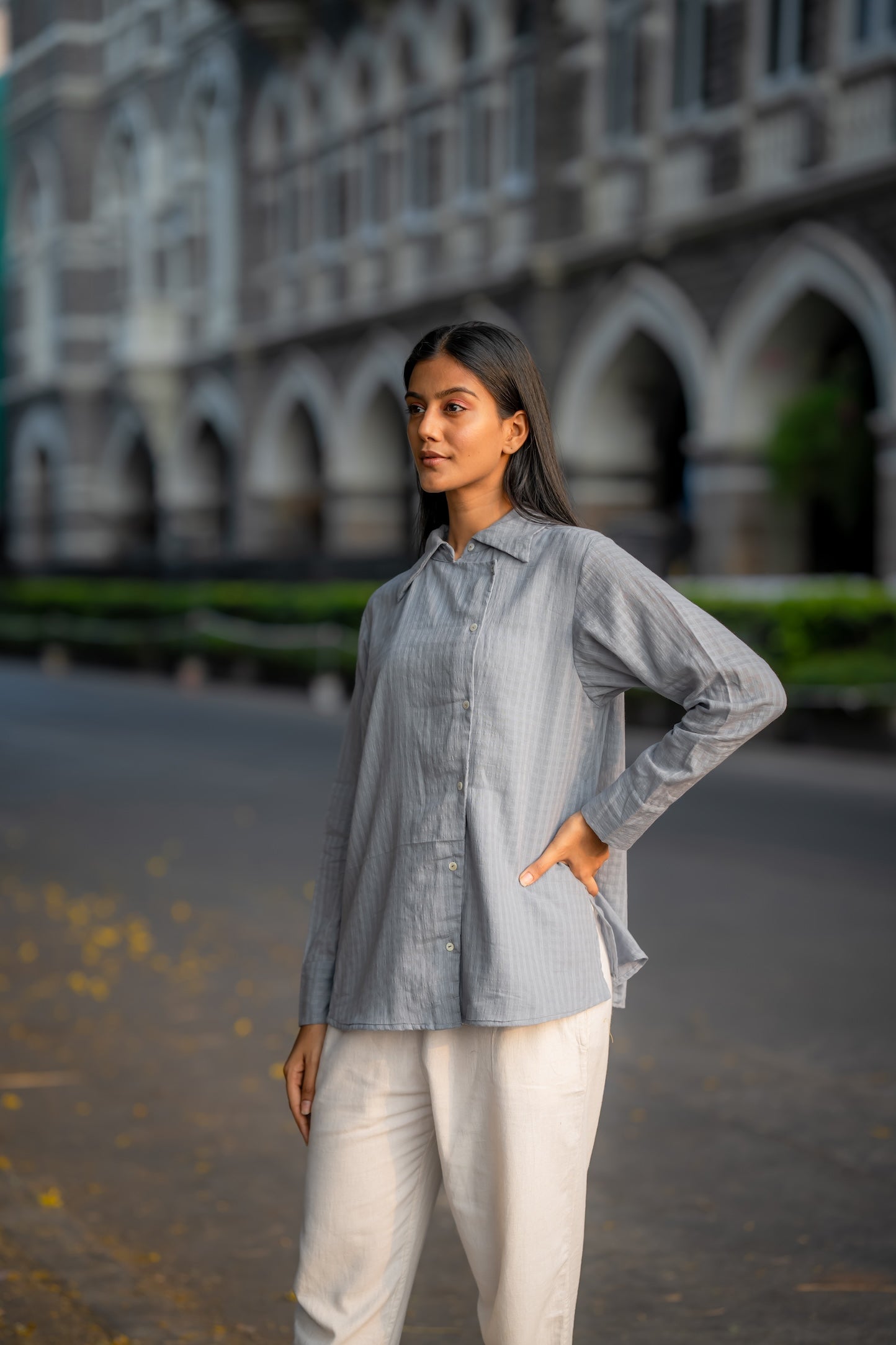Grey Button-Down Handwoven Shirt at Kamakhyaa by Krushnachuda. This item is Chilika by Krushnachuda, Grey, Handloom Cotton, Loose Fit, Natural Dye, Organic, Outerwear, Self Design, Under $100, Womenswear